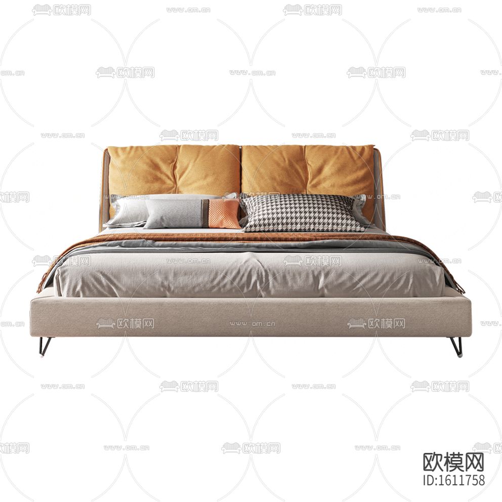 现代轻奢灰橙色布艺双人床