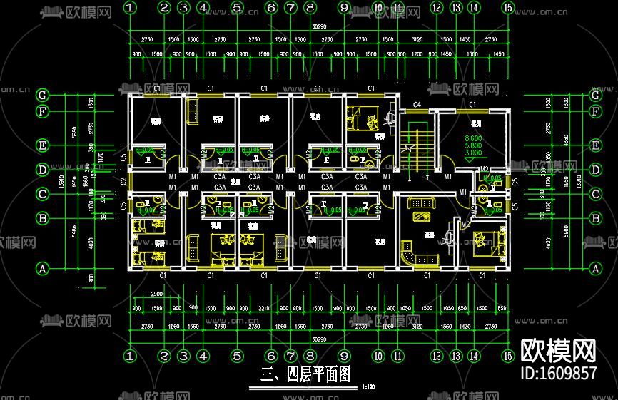 单身公寓砖混结构cad施工图下载（渲染图6）