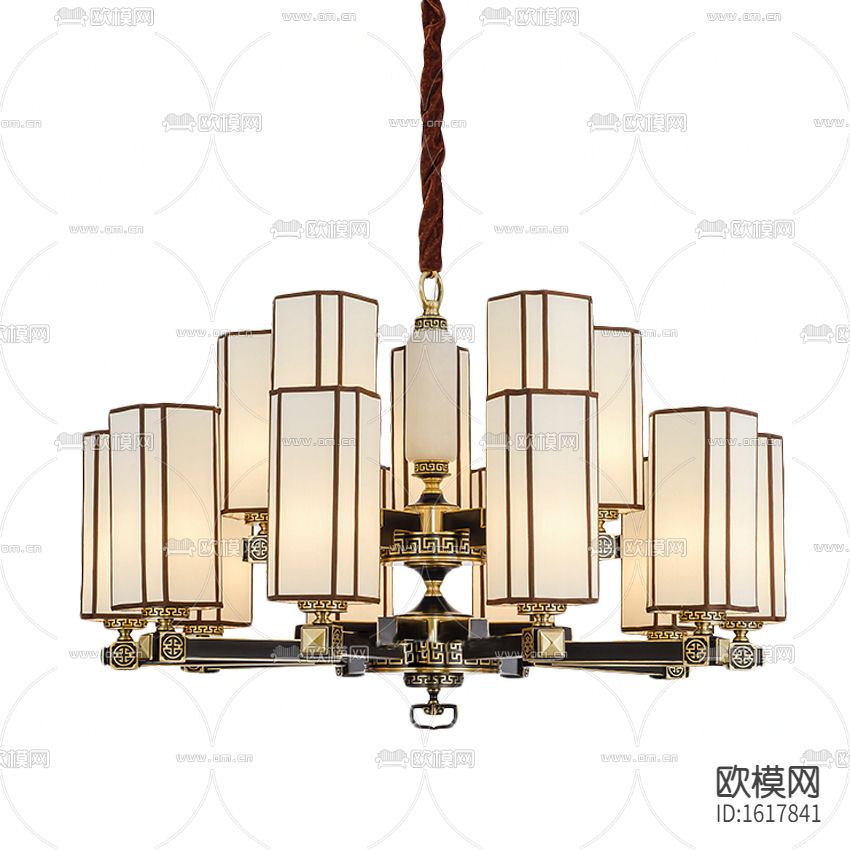 新中式轻奢铜艺回纹实木玻璃吊灯下载