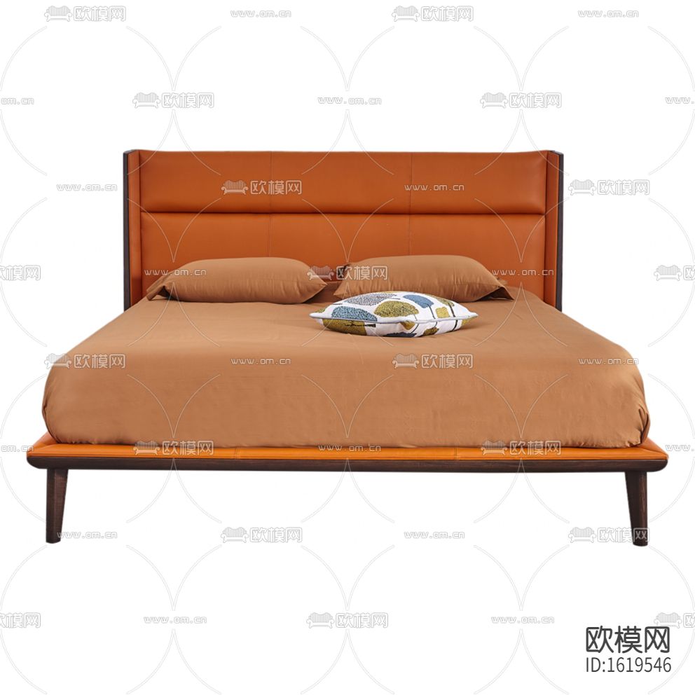 北欧轻奢橙色皮革实木布艺双人床