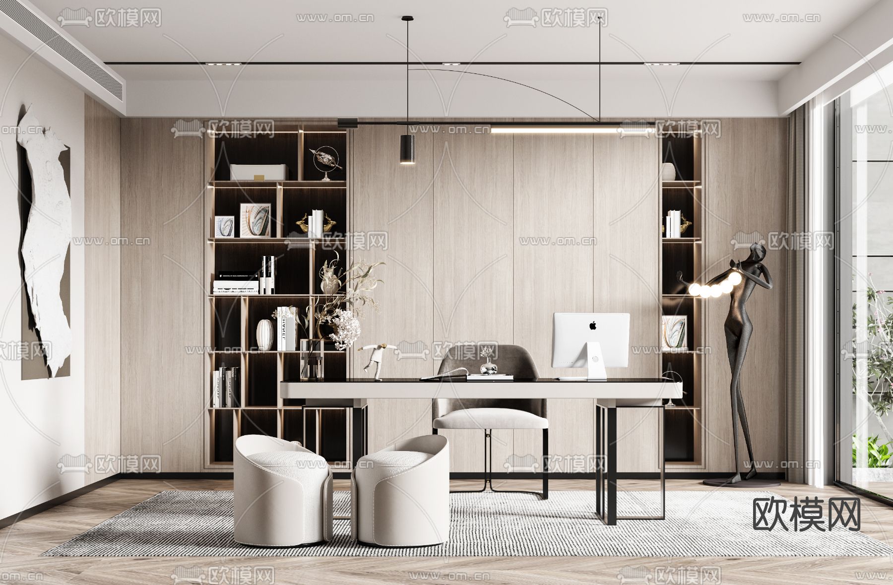 现代轻奢书房3d模型下载