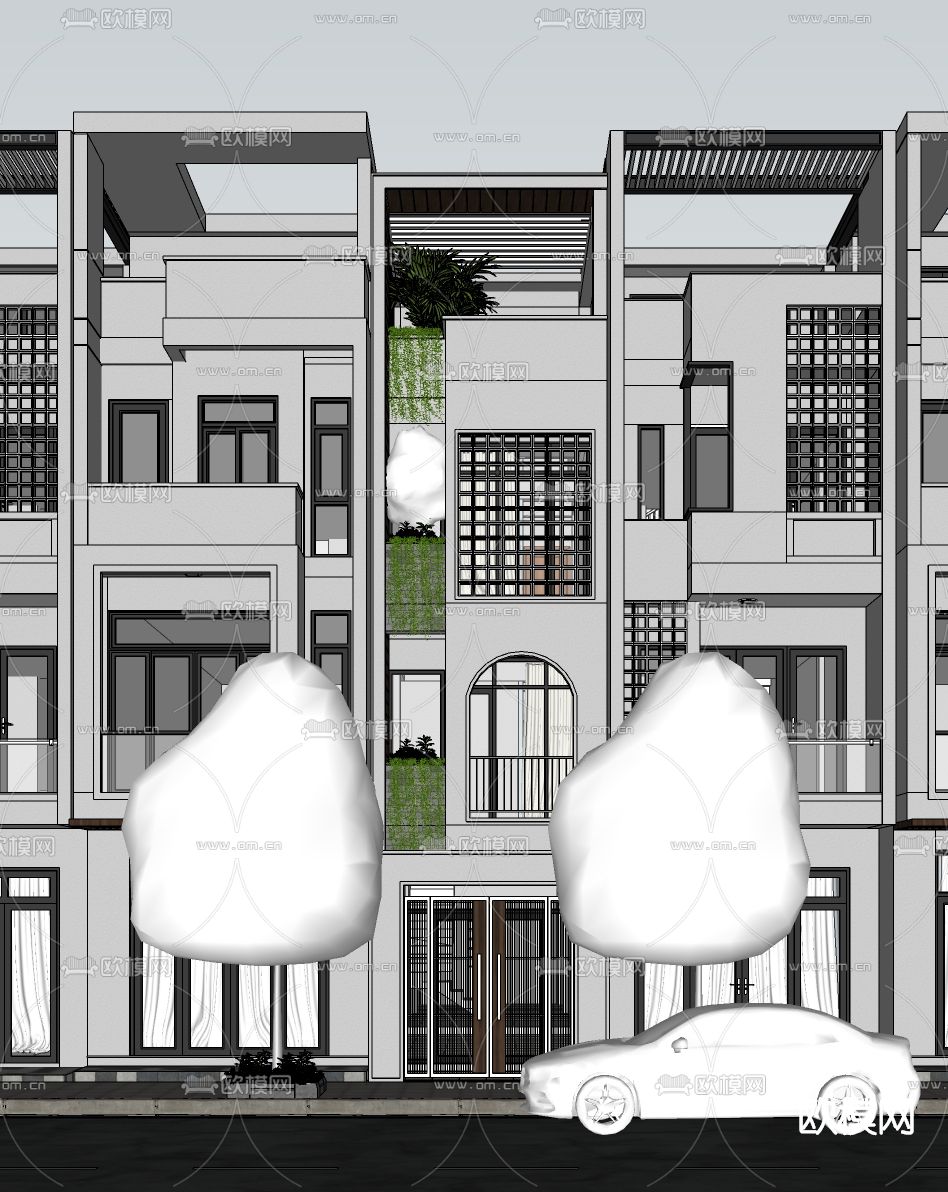 现代联排别墅外观su模型下载（渲染图2）