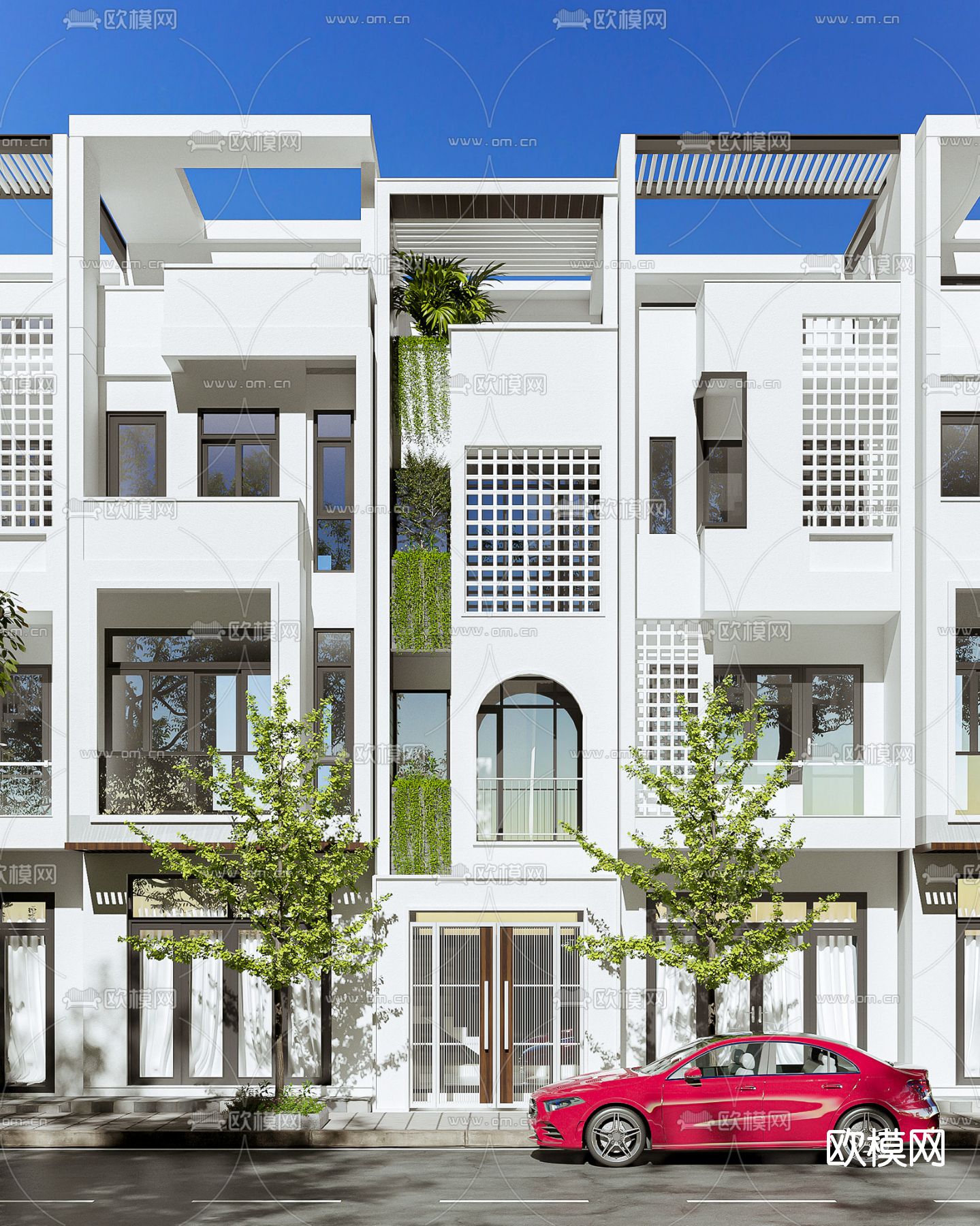现代联排别墅外观su模型下载（渲染图1）