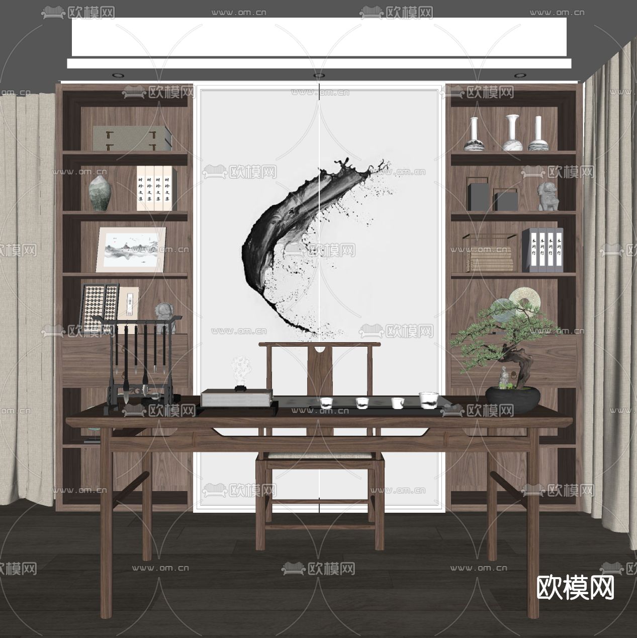 新中式书房su模型下载（渲染图2）