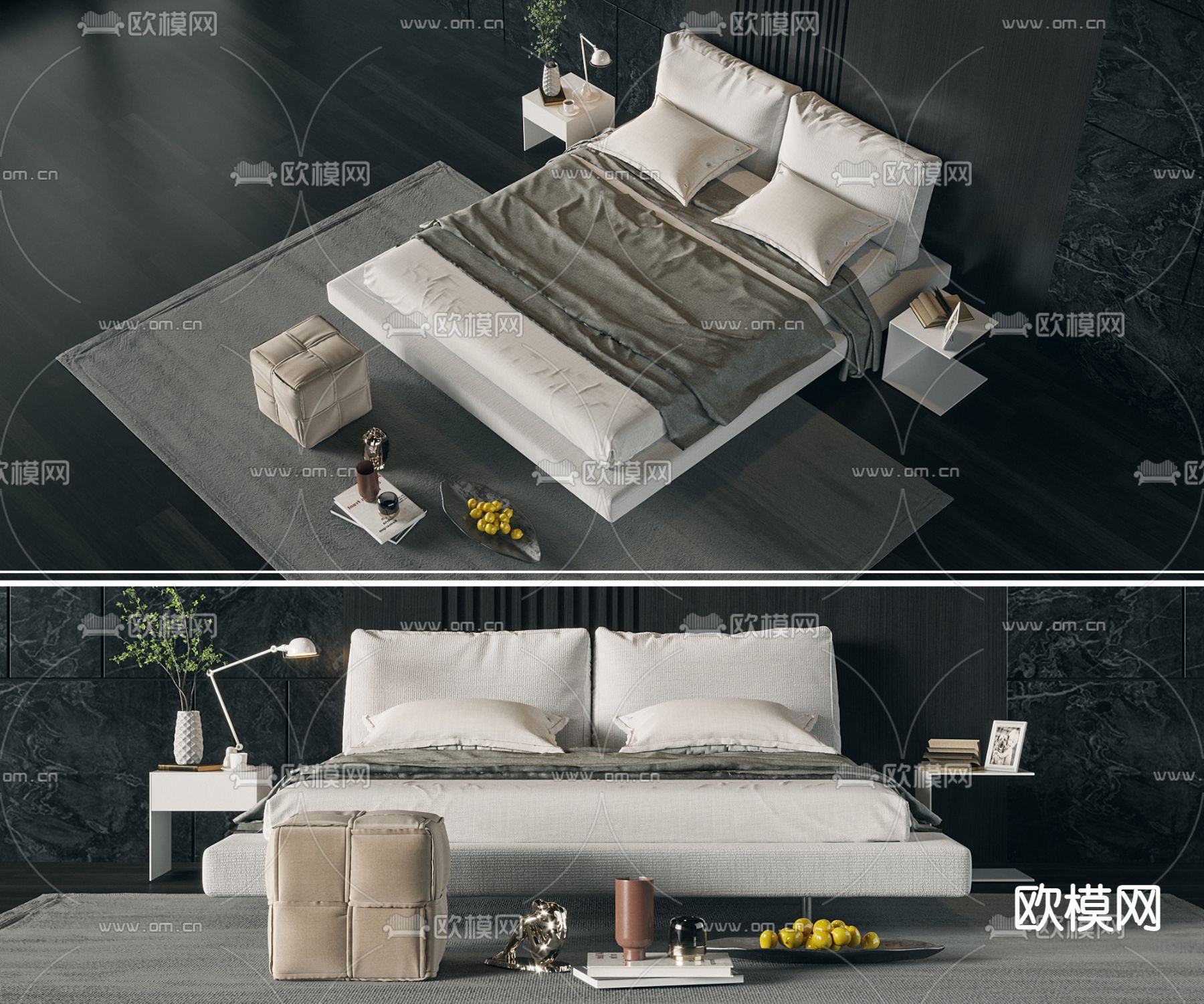 现代布艺双人床3d模型下载（渲染图1）