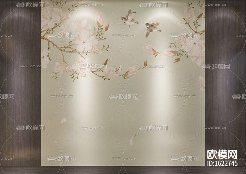 新中式实木梅花墙布背景墙