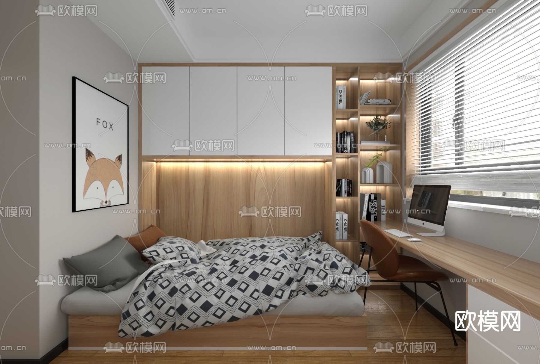 现代榻榻米卧室免费3d模型下载（渲染图1）