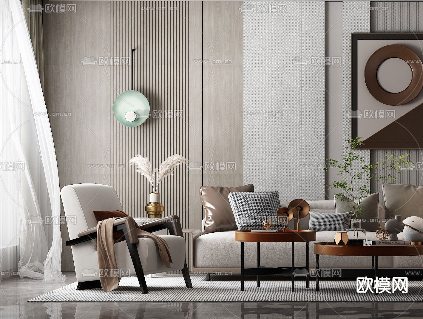 现代布艺转角沙发组合3d模型下载（渲染图2）