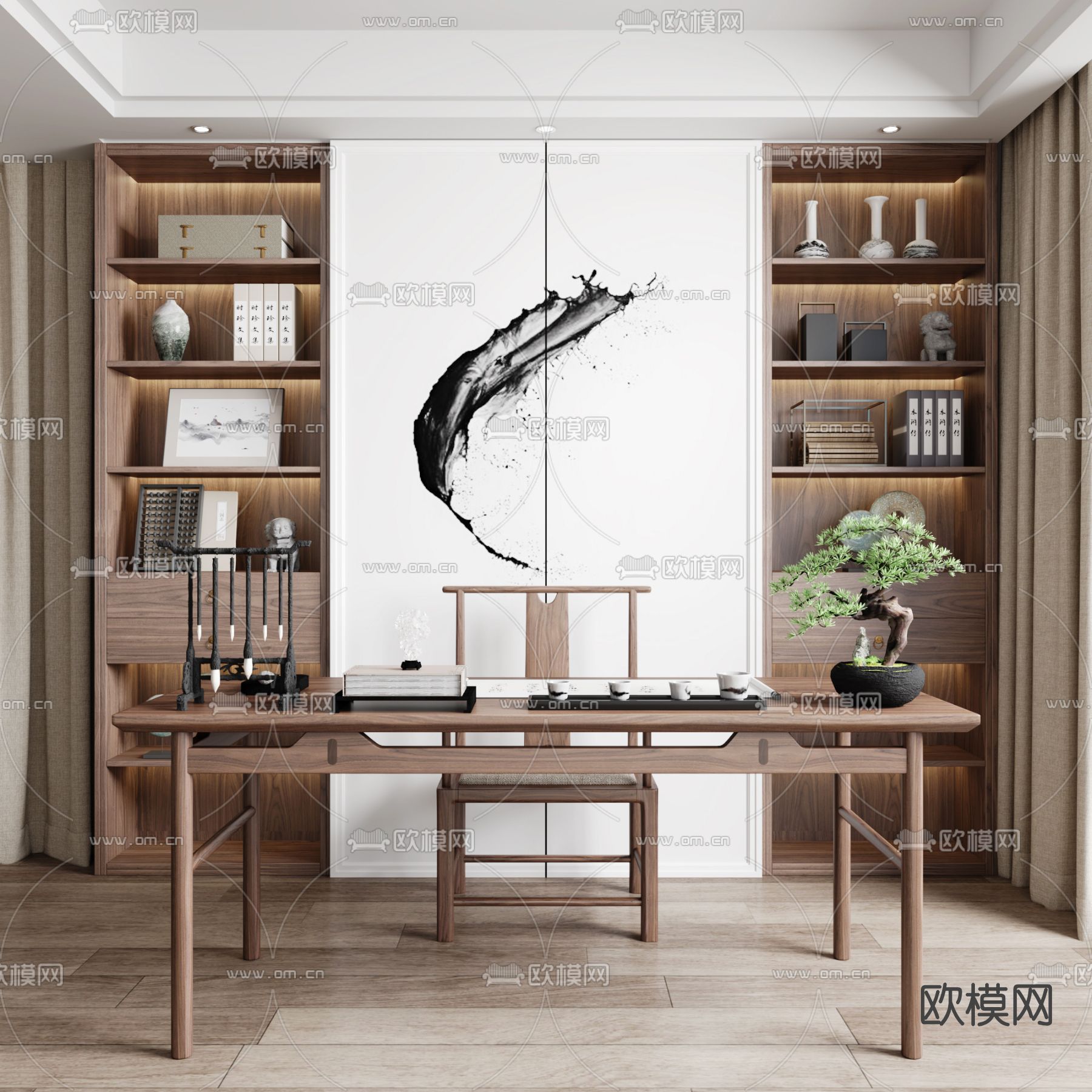 新中式书房su模型下载（渲染图1）
