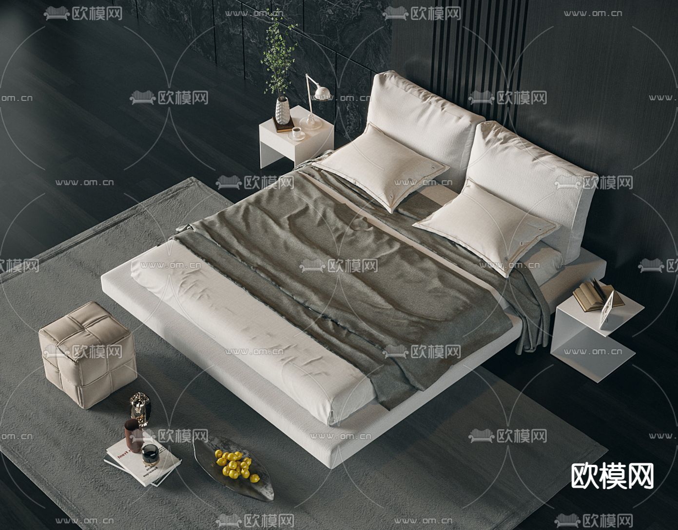 现代布艺双人床3d模型下载（渲染图2）