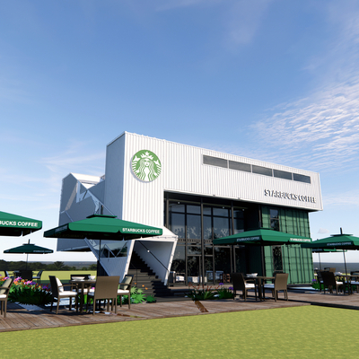  现代星巴克集装箱咖啡厅su模型 