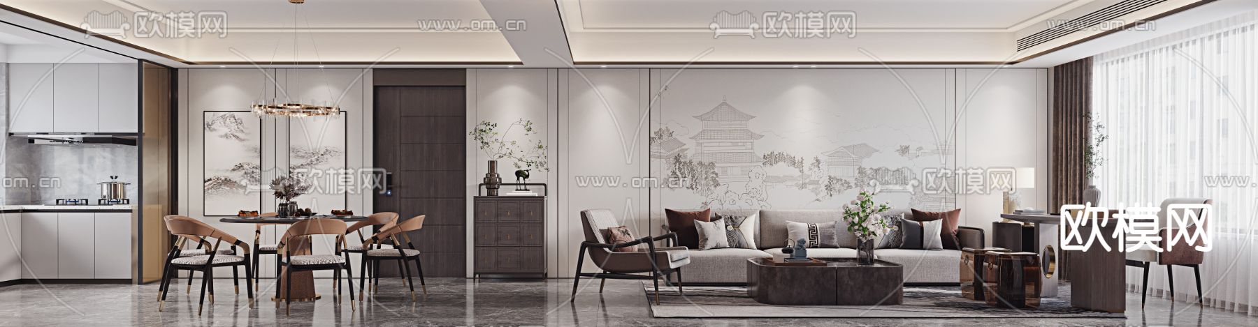 新中式客厅餐厅3d模型
