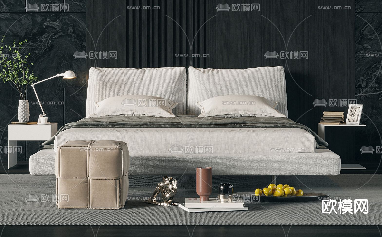现代布艺双人床3d模型下载（渲染图3）
