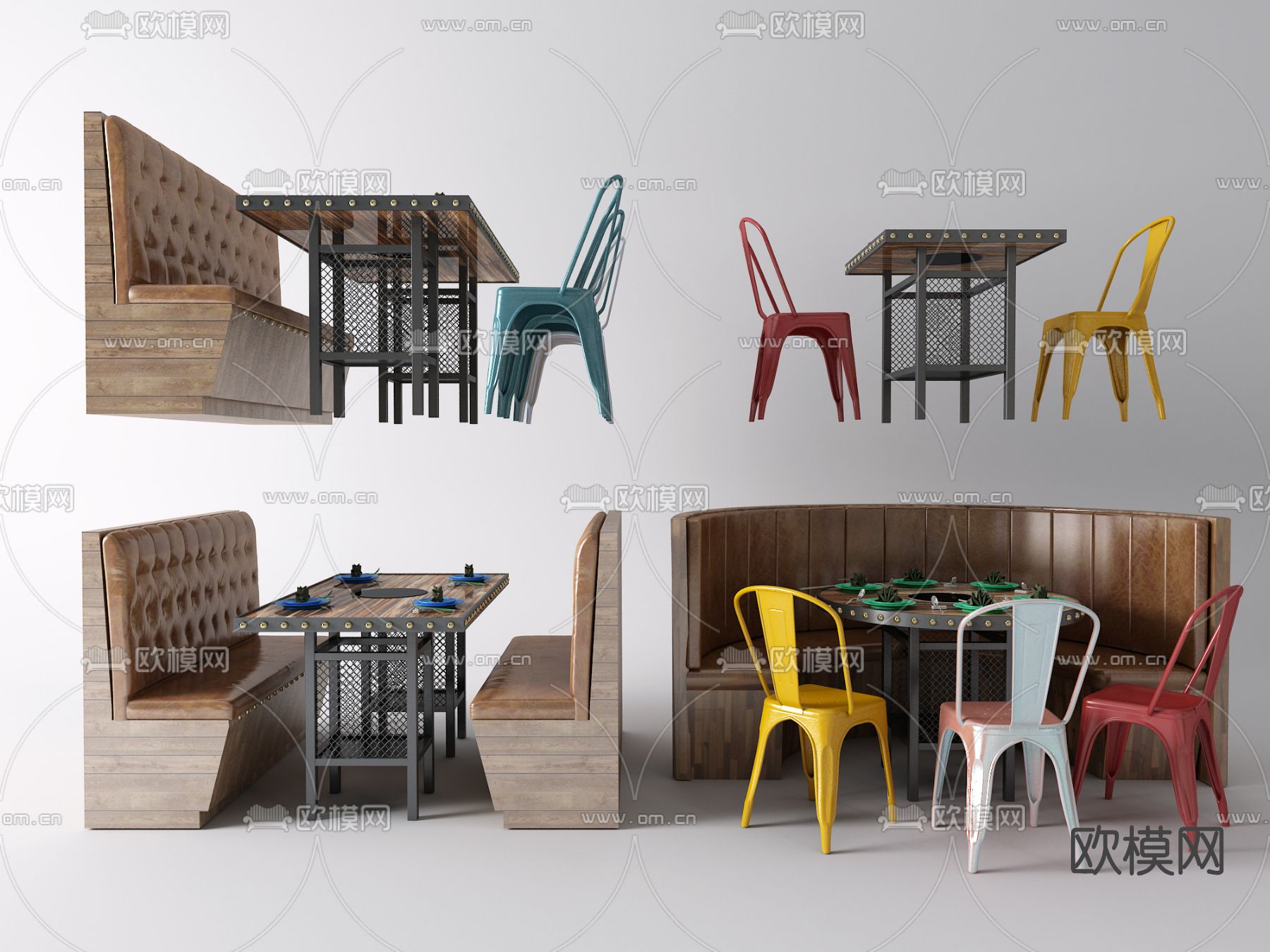 工业风卡座餐桌椅3d模型