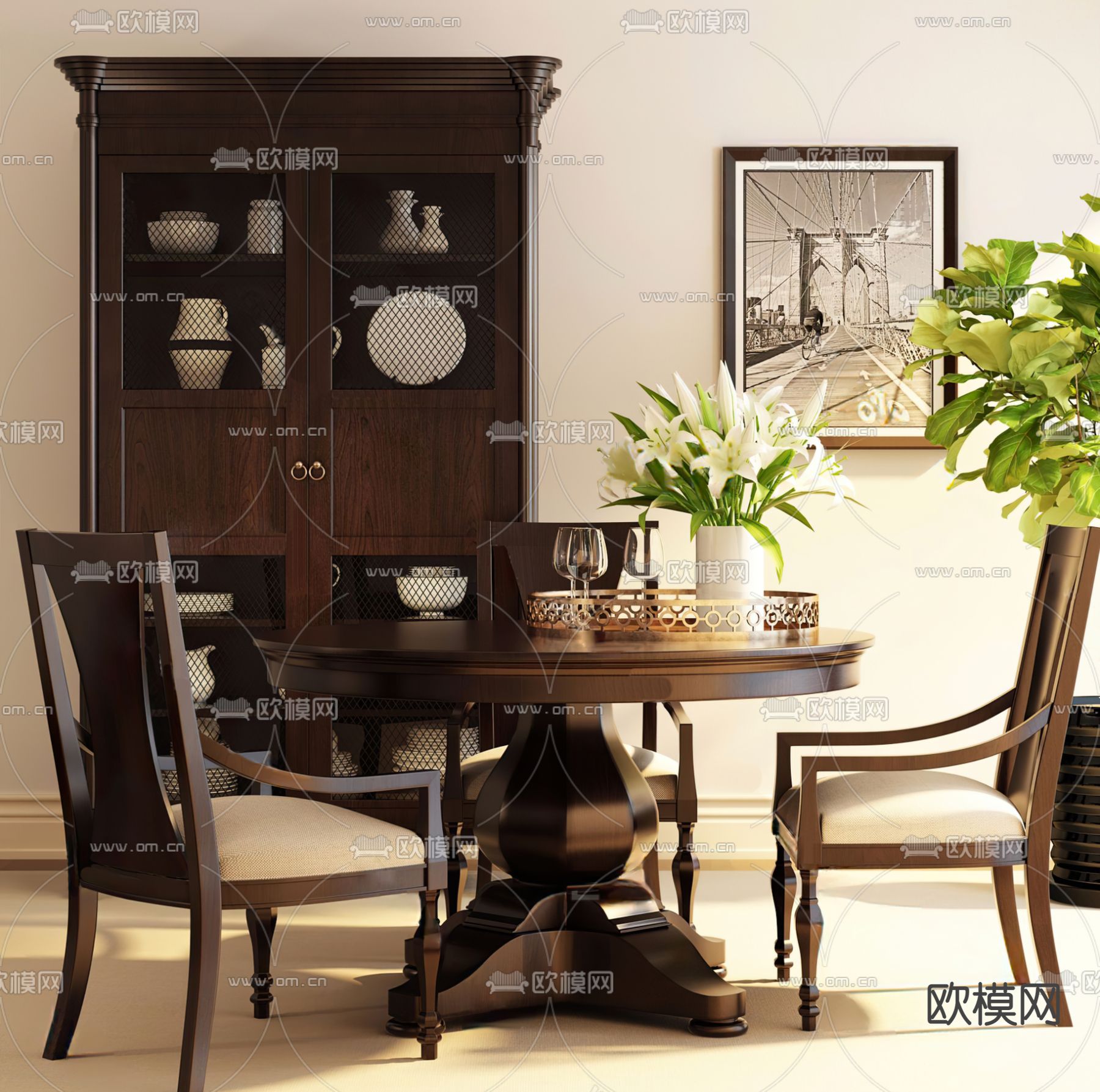 美式实木餐桌椅3d模型下载