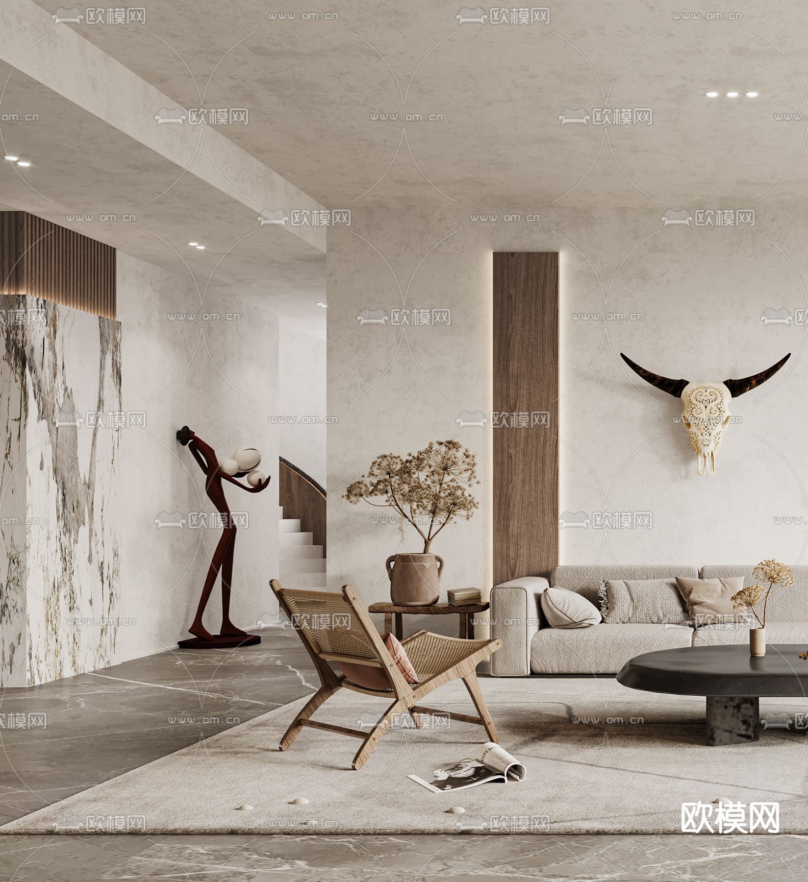 侘寂布艺沙发组合3d模型下载（渲染图2）