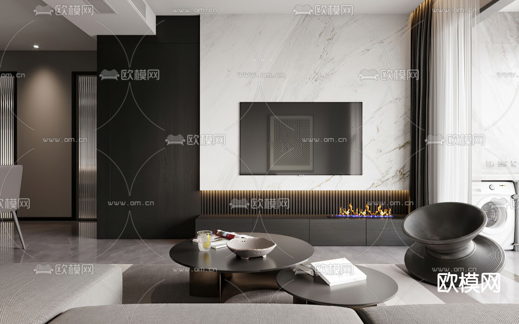 现代高级灰客厅餐厅3d模型下载（渲染图3）