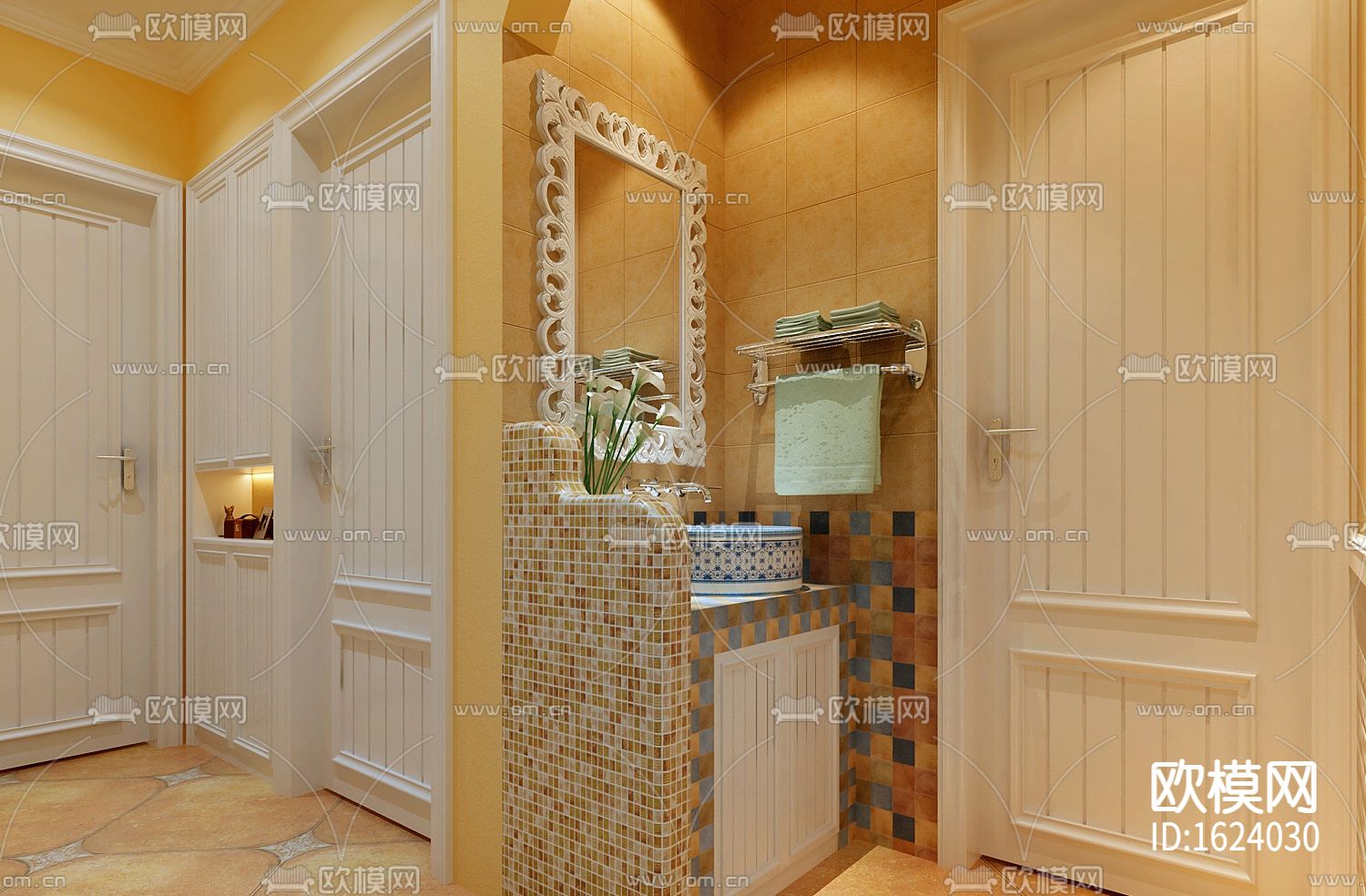 地中海亲亲小屋-两室两厅住宅装修施工图下载（渲染图3）