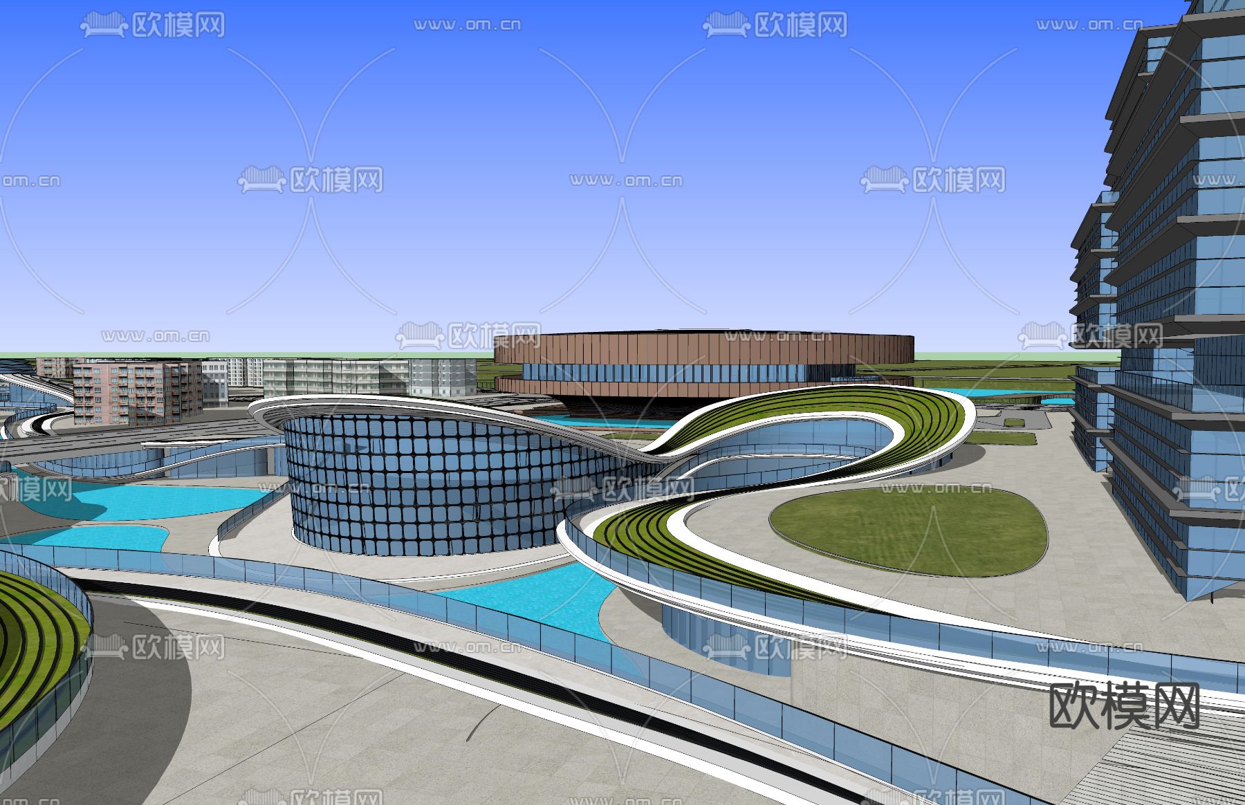 现代办公休闲广场su模型下载（渲染图2）