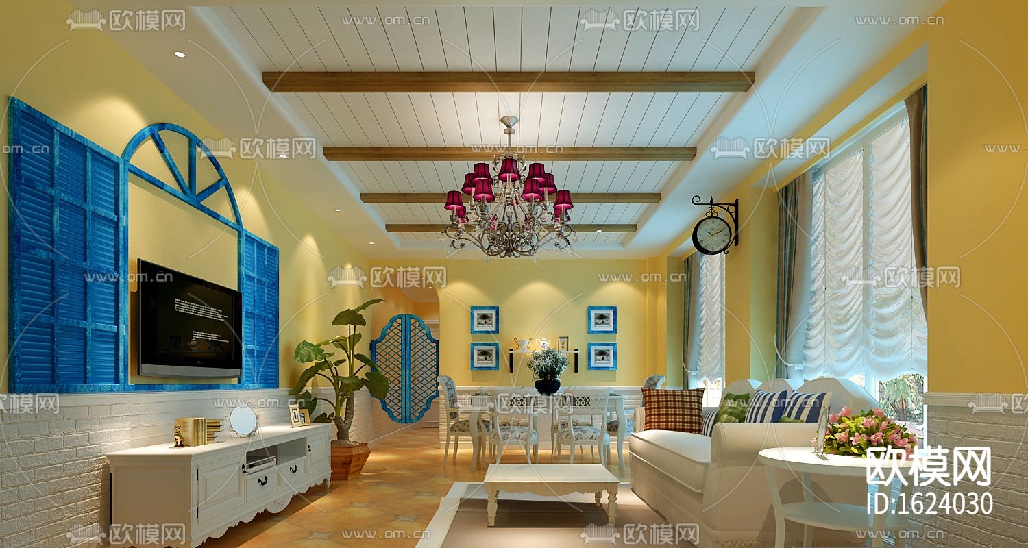 地中海亲亲小屋-两室两厅住宅装修施工图下载（渲染图2）