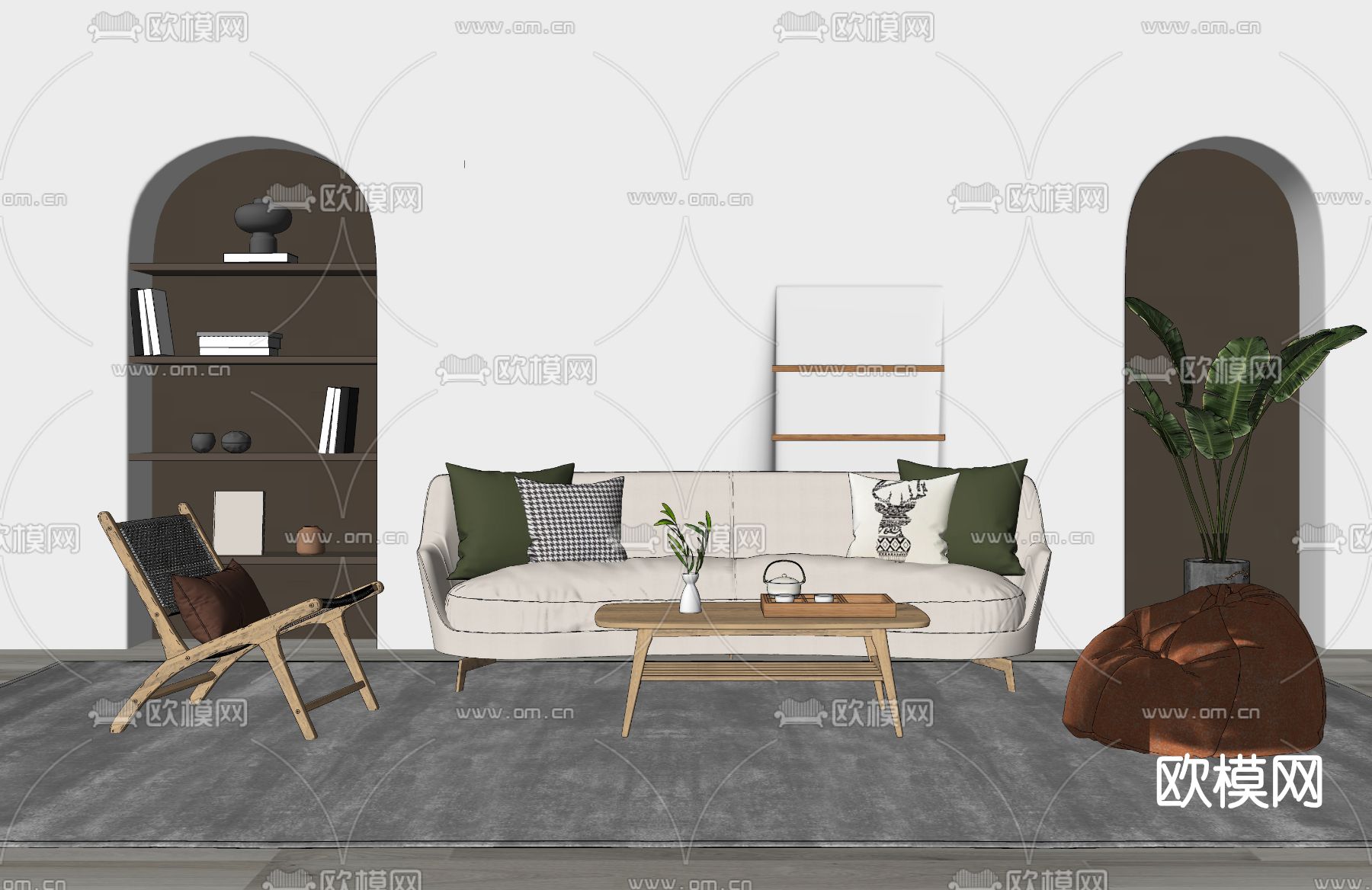 北欧布艺沙发组合su模型下载（渲染图2）