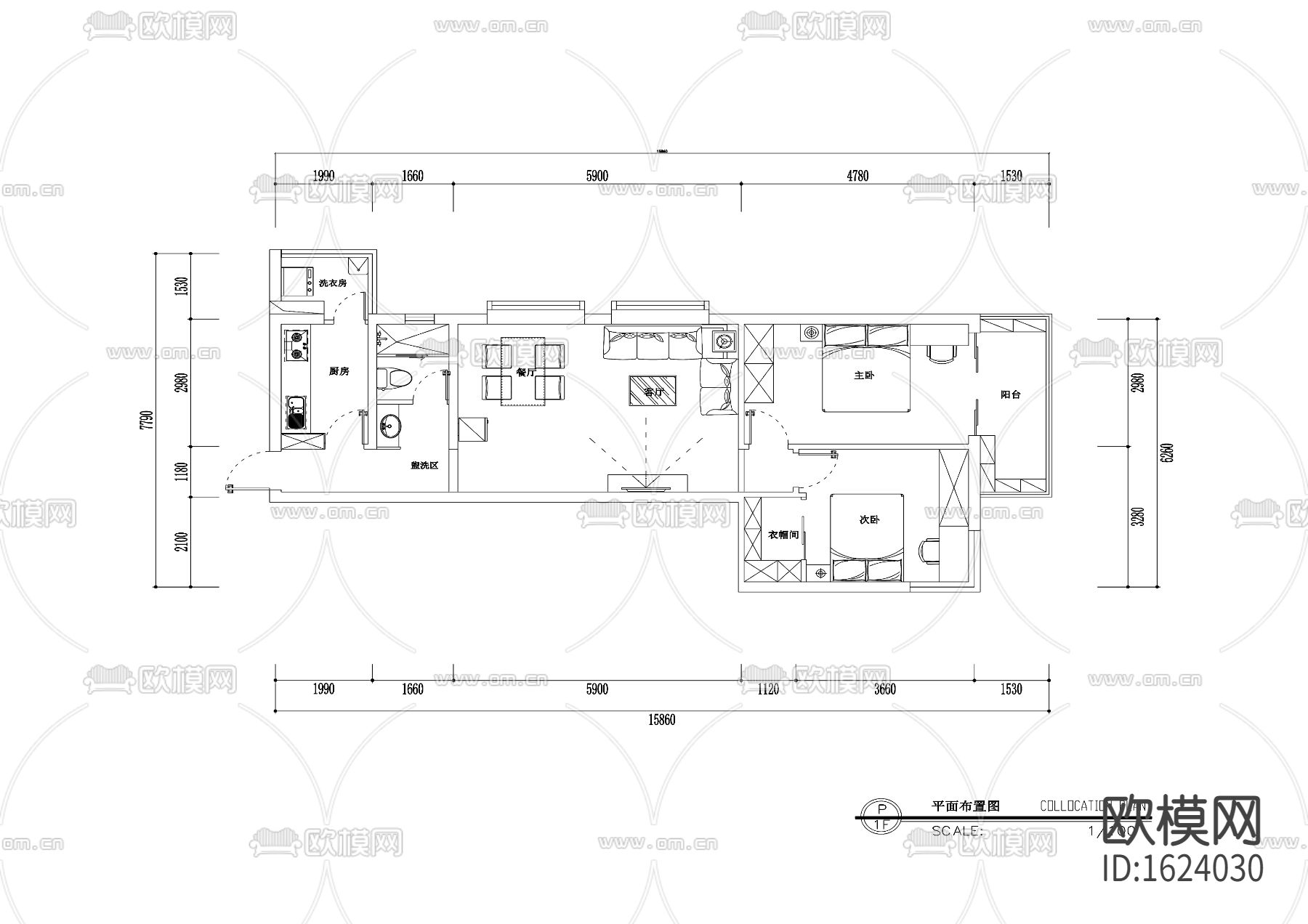 地中海亲亲小屋-两室两厅住宅装修施工图下载（渲染图7）