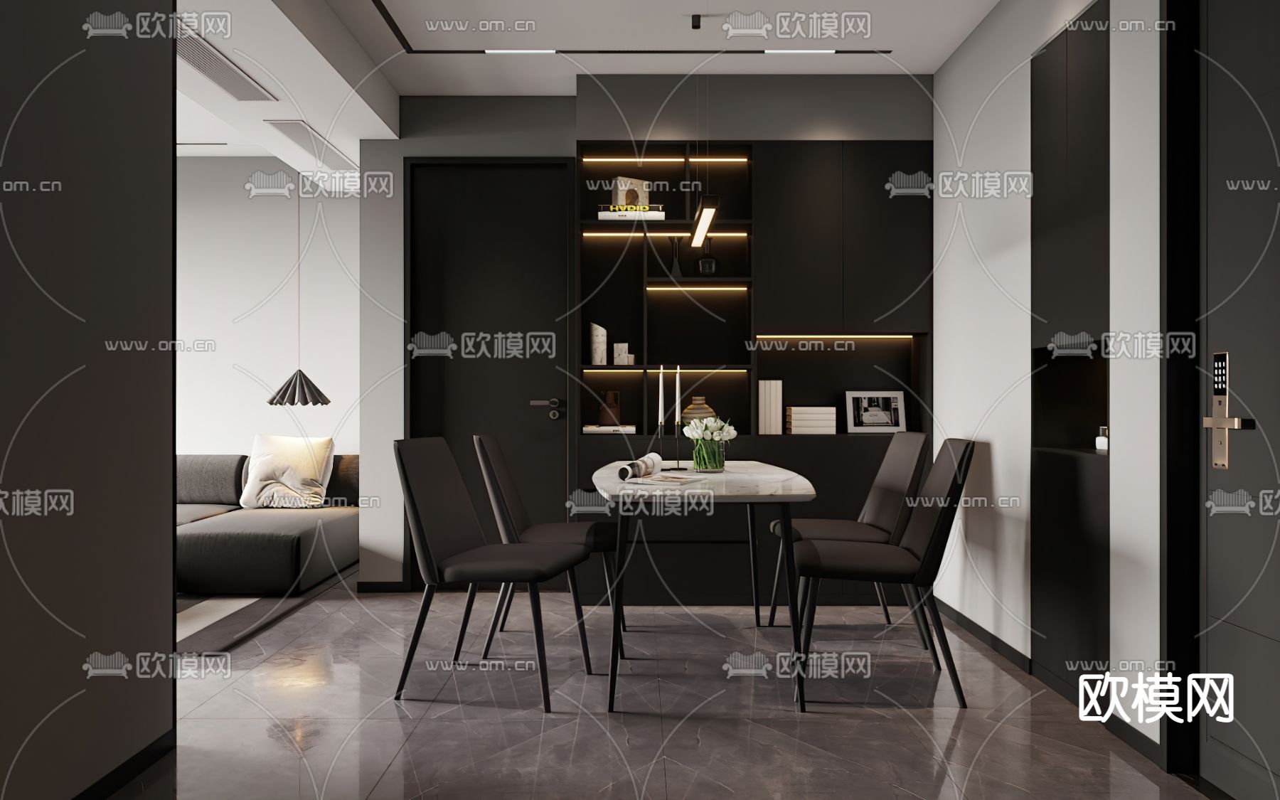 现代高级灰客厅餐厅3d模型下载（渲染图2）