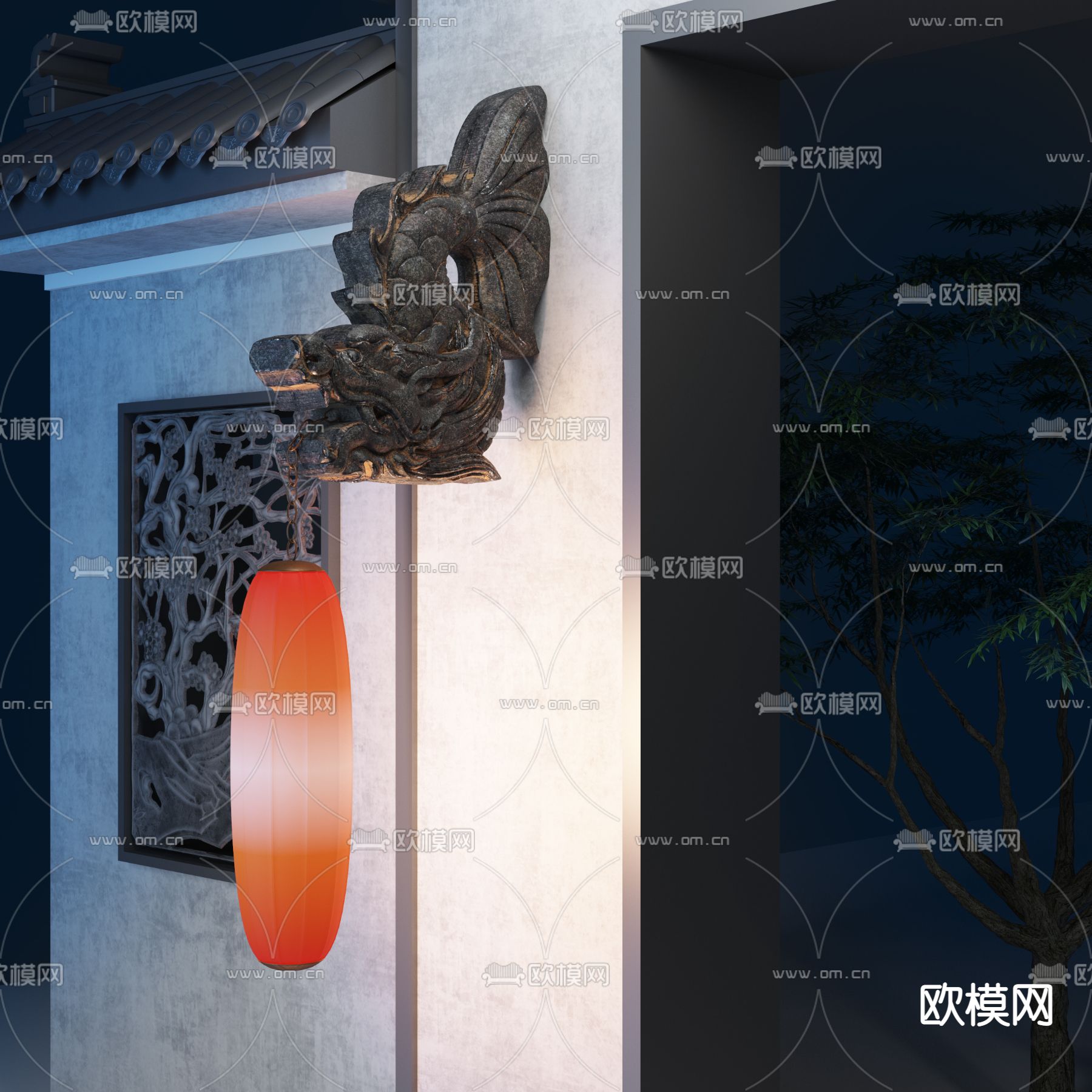 中式庭院龙雕灯笼灯3d模型下载（渲染图1）