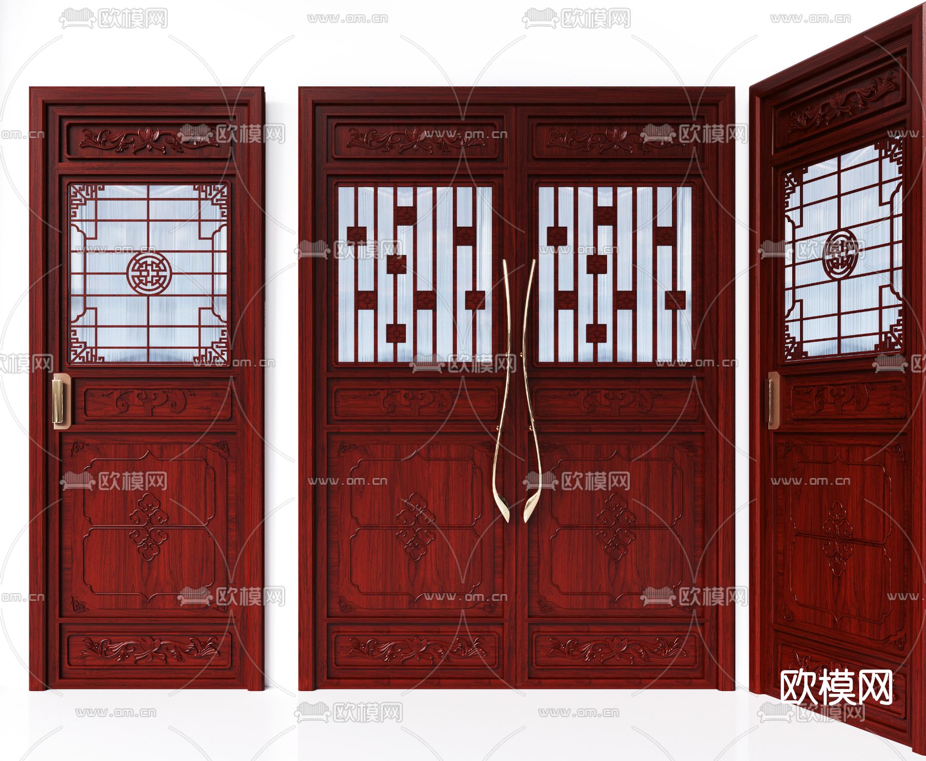 中式浮雕房门单开门双开门3d模型下载