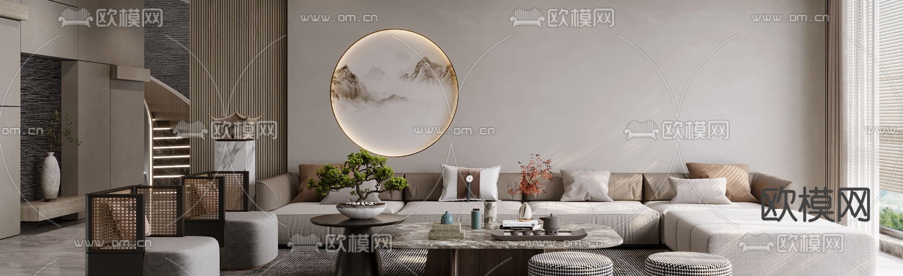 新中布艺转角沙发组合3d模型下载（渲染图3）