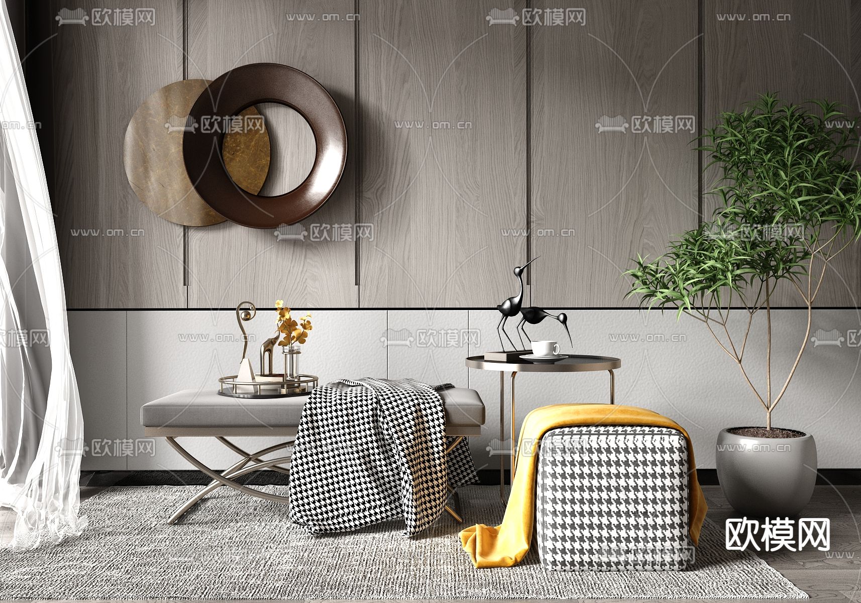 现代轻奢沙发凳su模型下载（渲染图1）