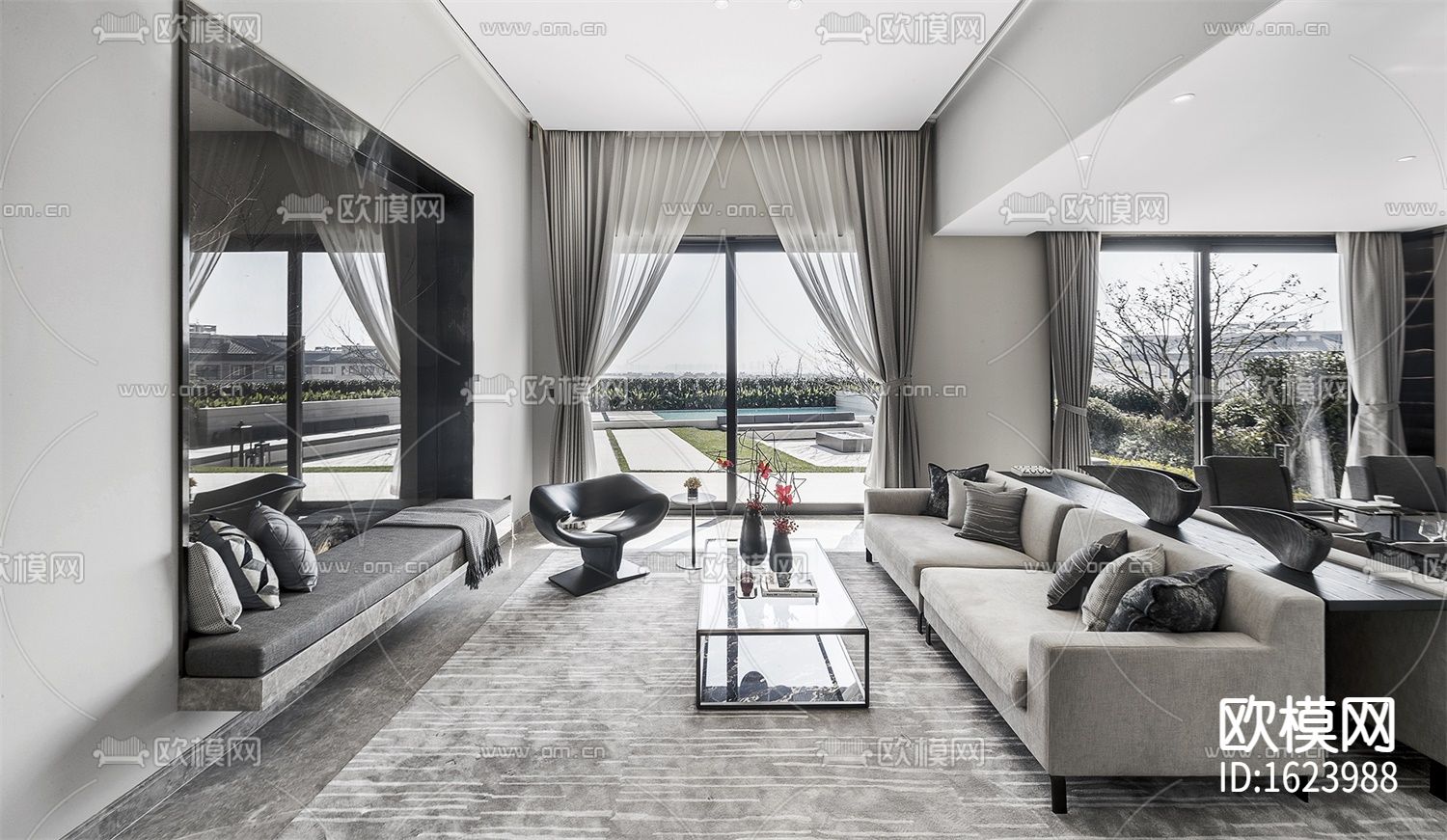 良渚郡三层二居合院别墅样板房施工图下载（渲染图4）