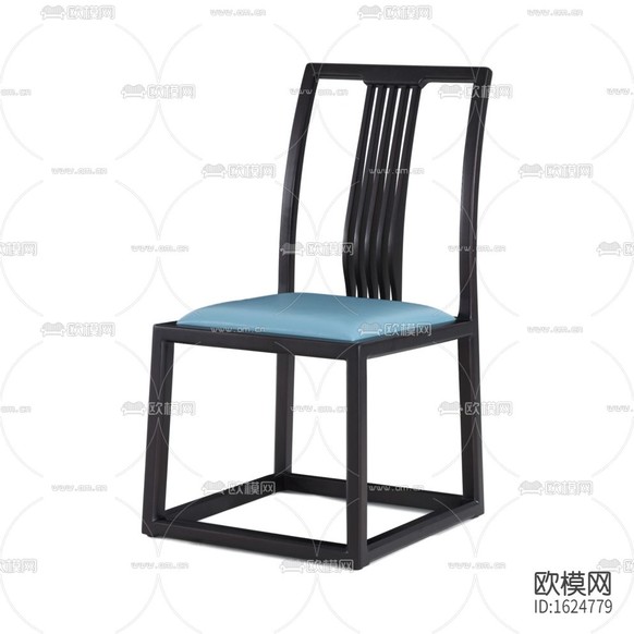 新中式簡約黑色實木藍色皮革餐椅下載(渲染圖1)
