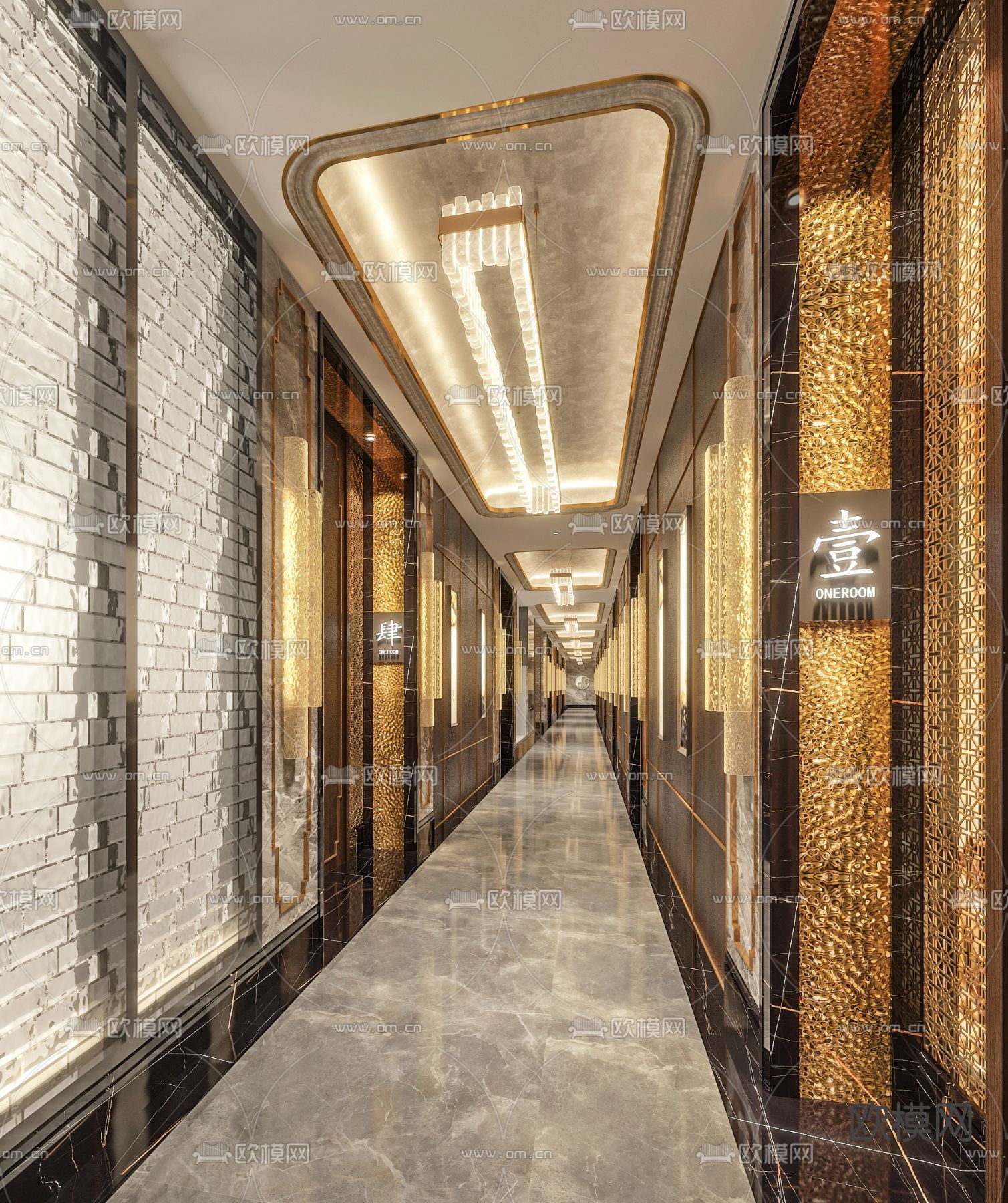 新中式轻奢酒店会所走廊过道3d模型