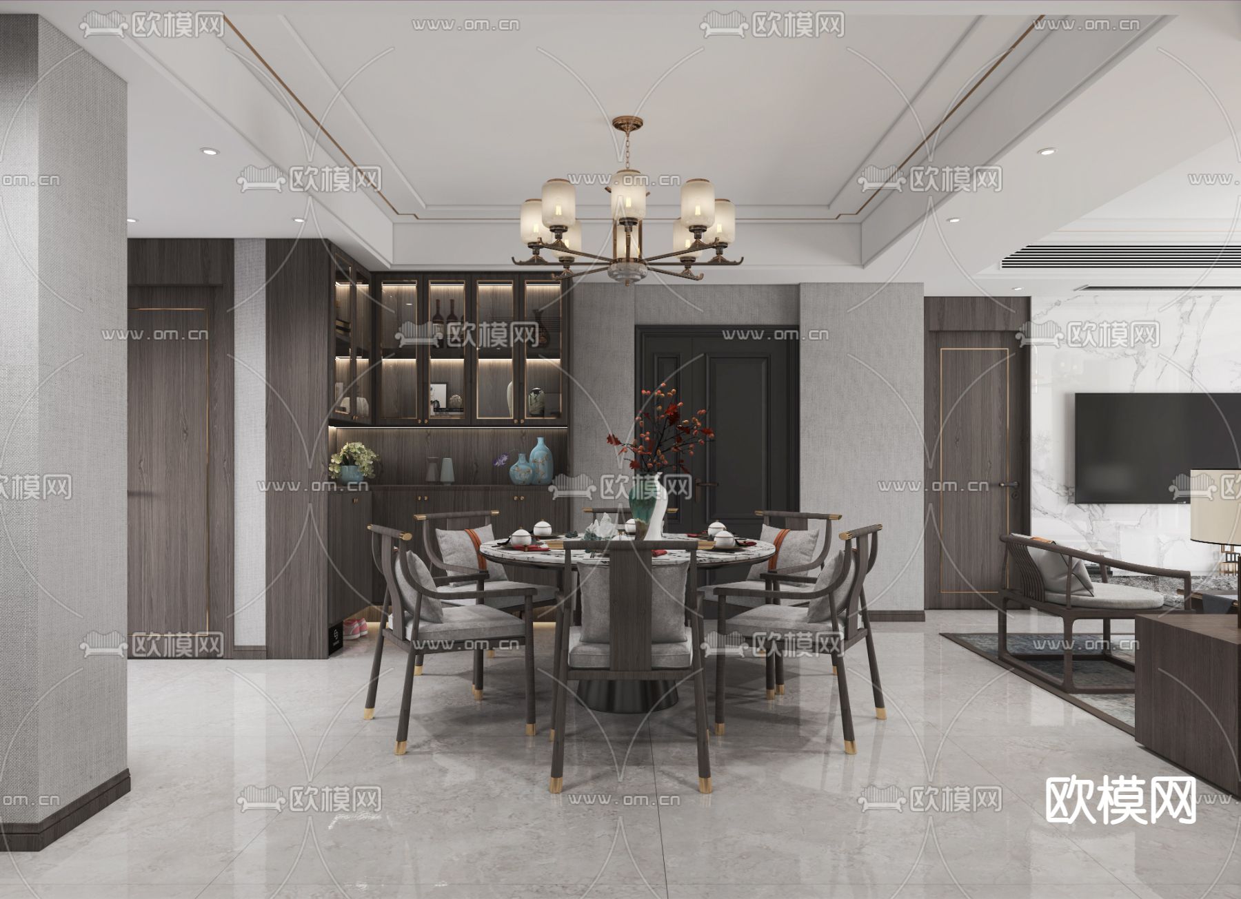 新中式客厅餐厅3d模型