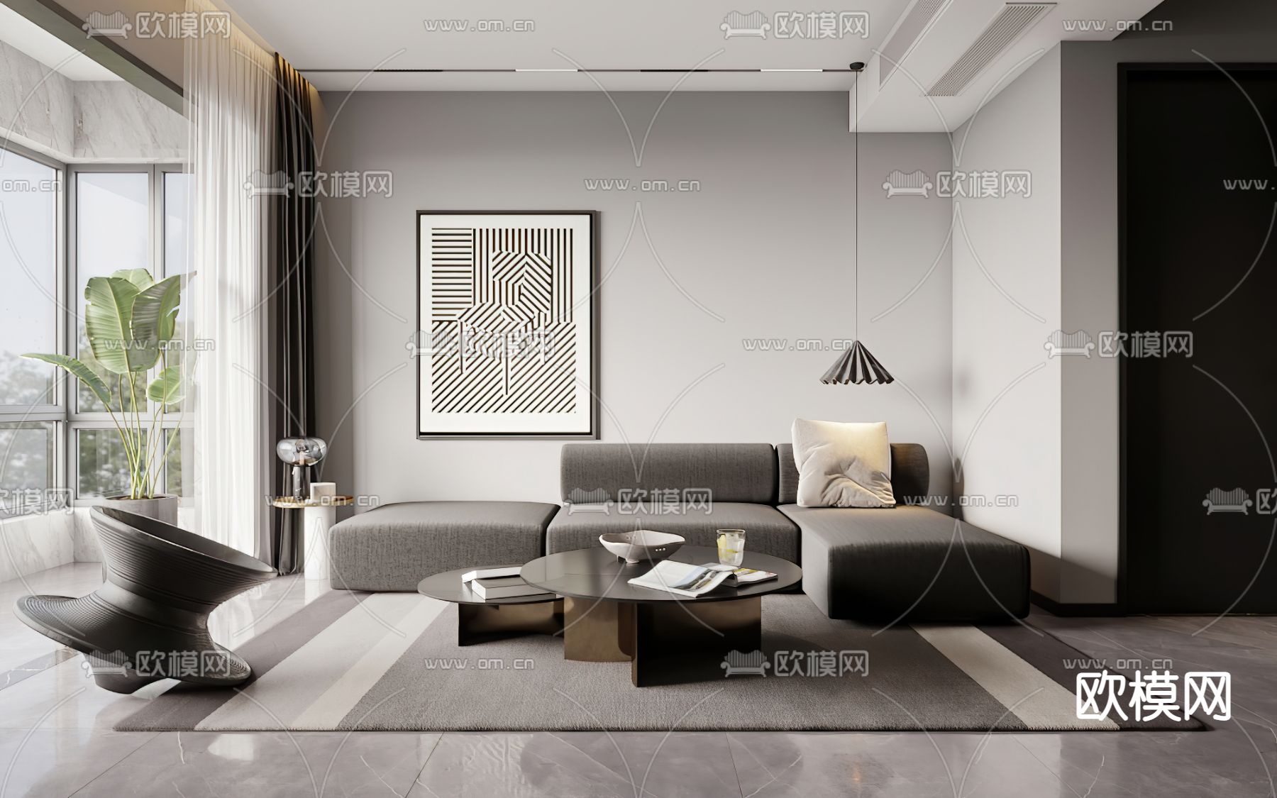 现代高级灰客厅餐厅3d模型下载（渲染图1）