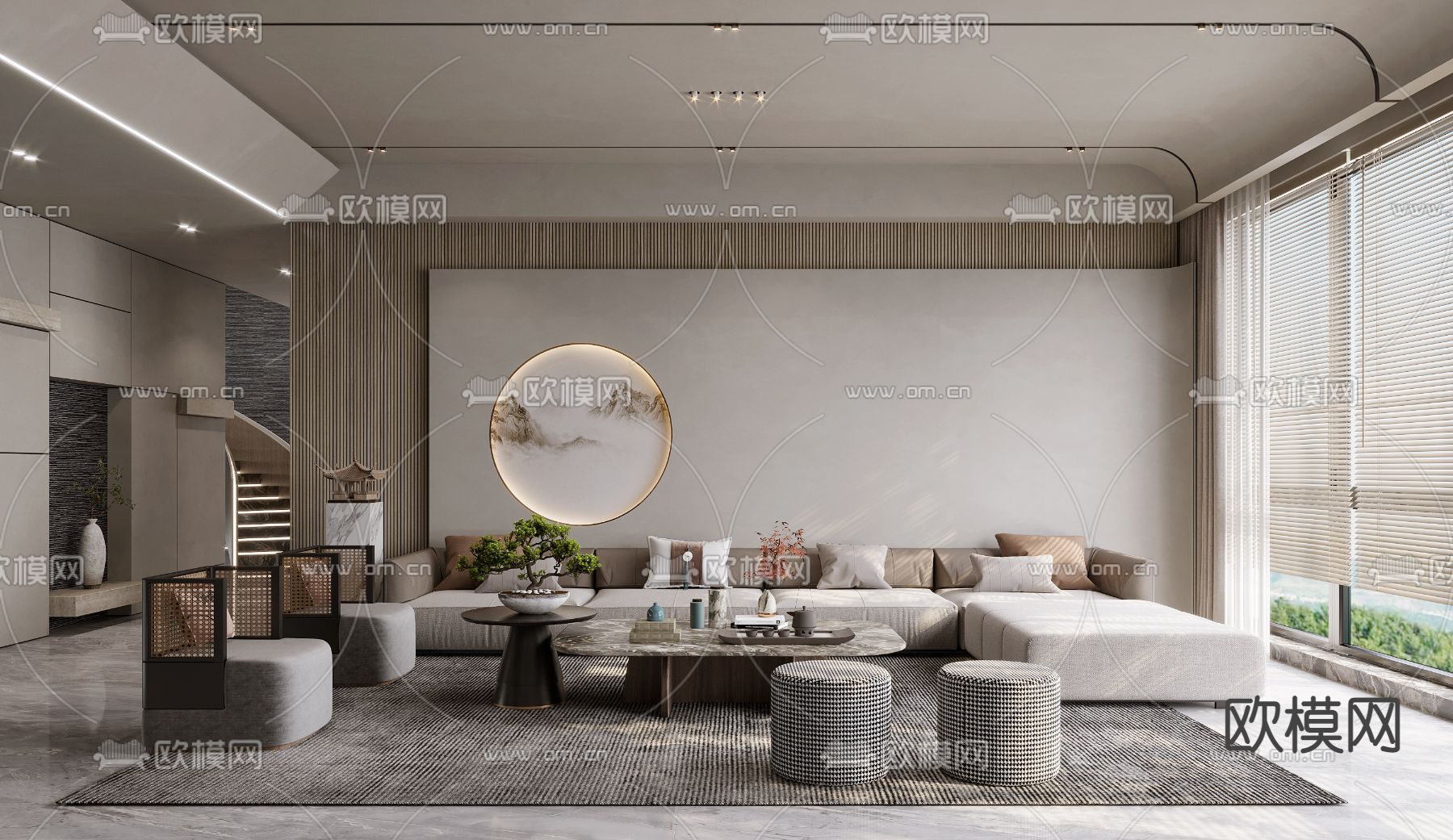 新中布艺转角沙发组合3d模型下载（渲染图1）