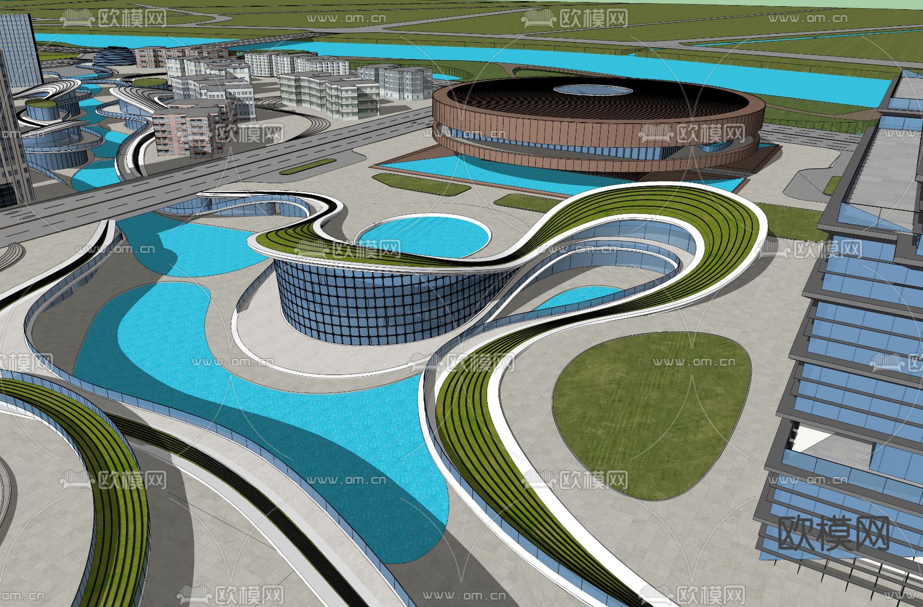 现代办公休闲广场su模型下载（渲染图3）