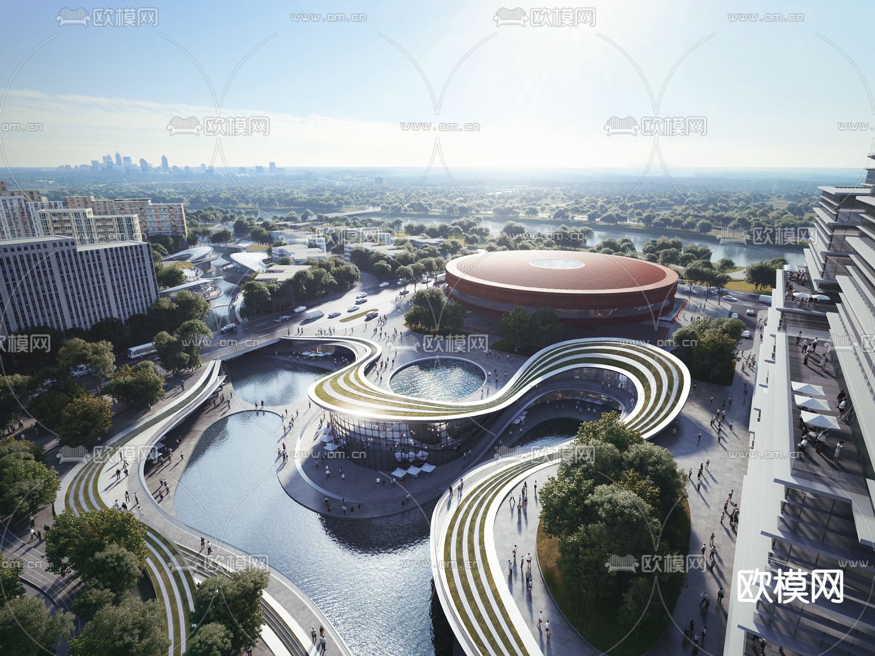 现代办公休闲广场su模型下载（渲染图1）