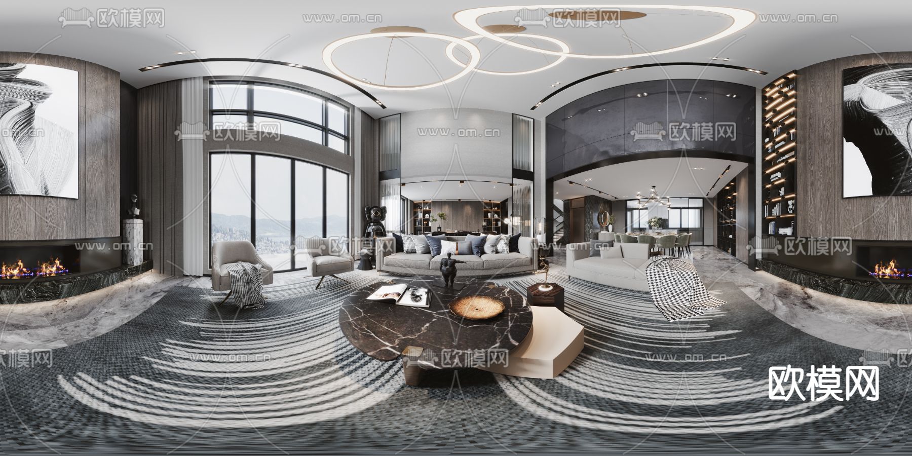 现代轻奢复式别墅客餐厅cr全景3d模型
