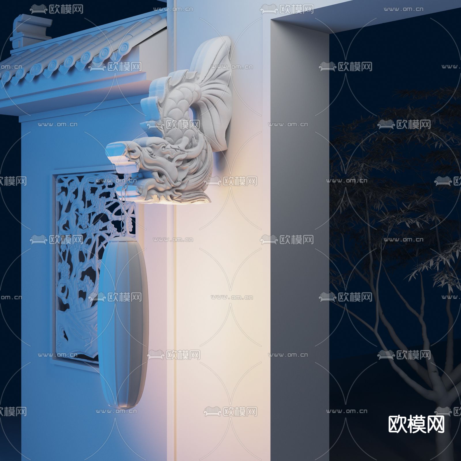 中式庭院龙雕灯笼灯3d模型下载（渲染图2）