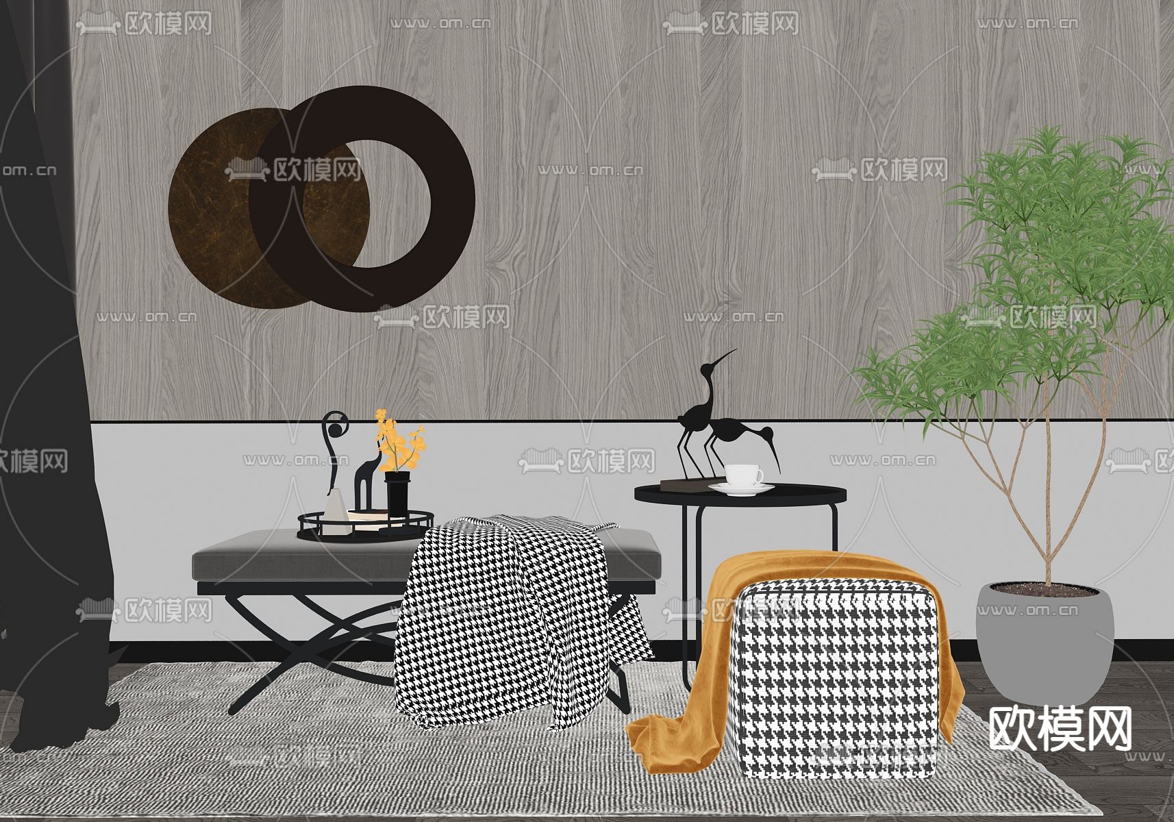 现代轻奢沙发凳su模型下载（渲染图2）