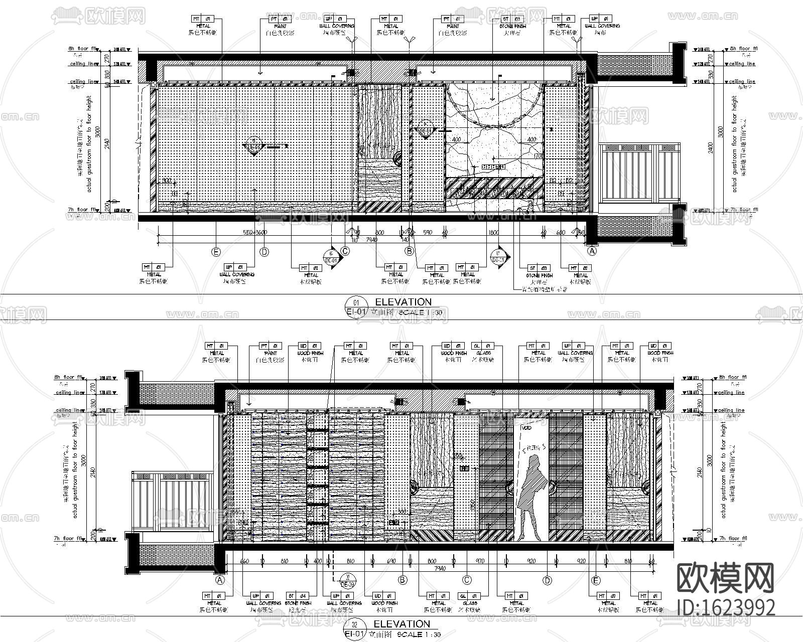 新中式三居室样板房装修施工图下载（渲染图2）