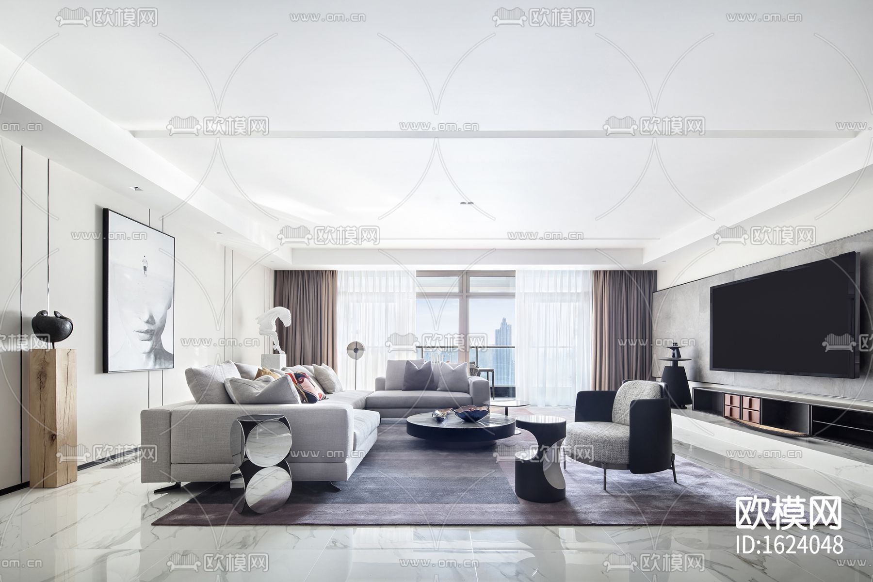 汤臣一品430㎡现代三居样板间施工图下载（渲染图1）