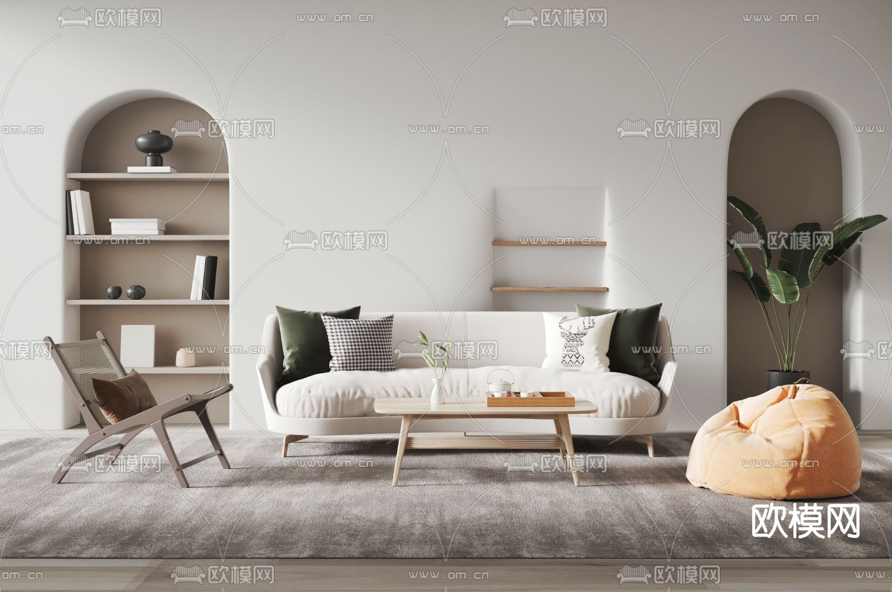 北欧布艺沙发组合su模型下载（渲染图1）