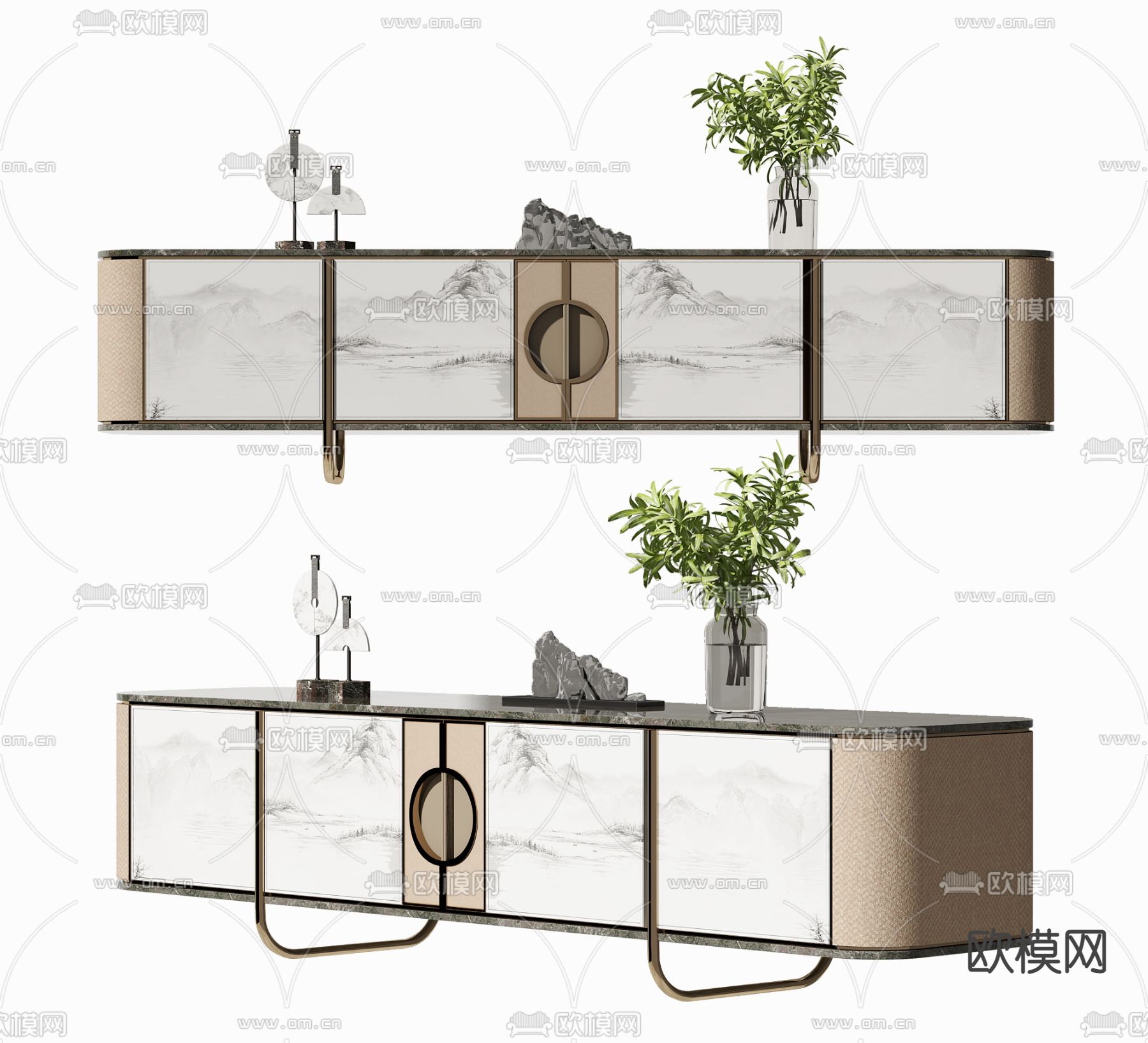 新中式大理石电视柜3d模型下载