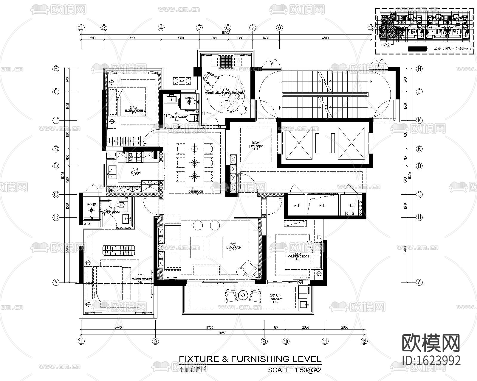 新中式三居室样板房装修施工图下载（渲染图1）