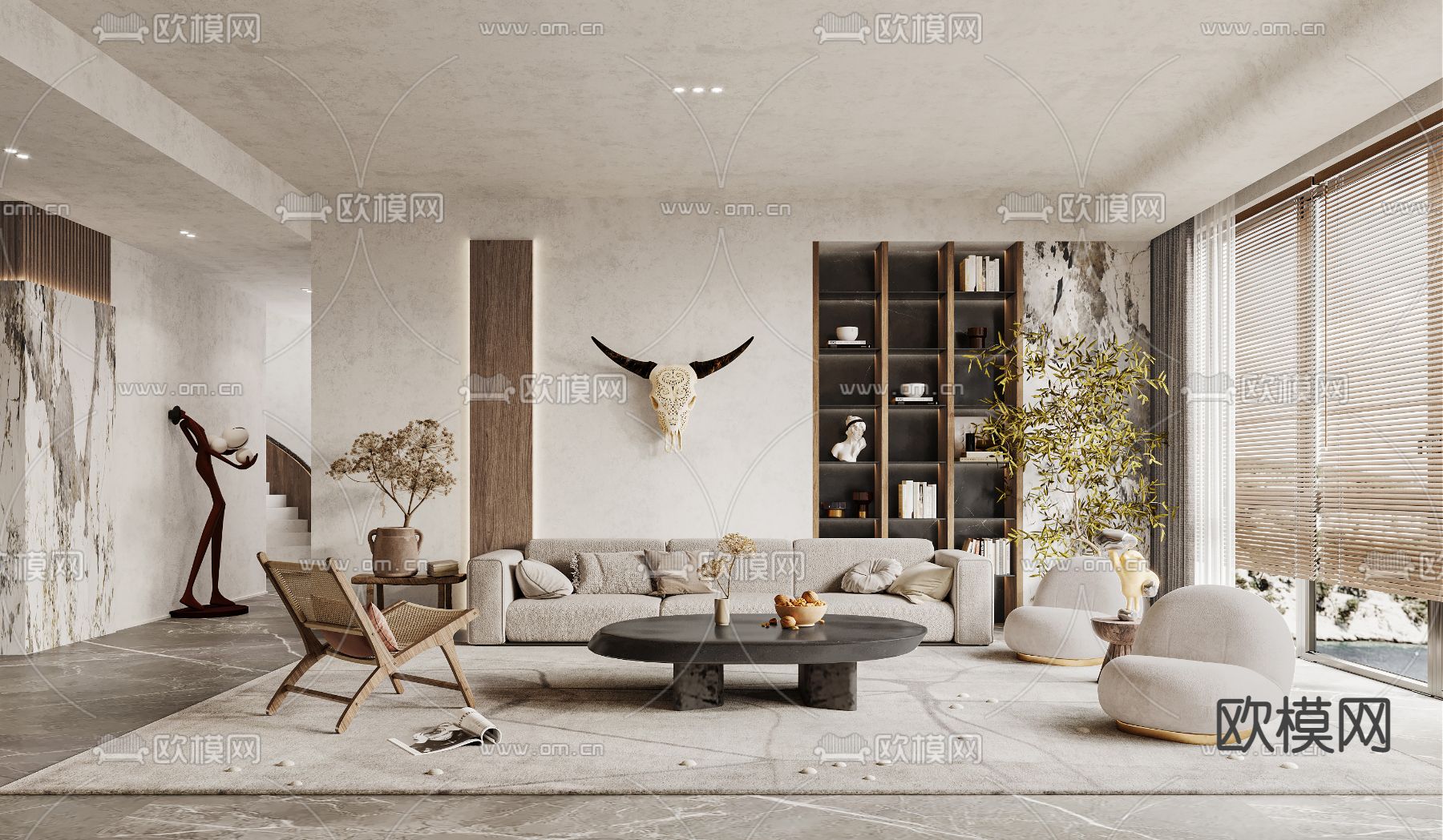 侘寂布艺沙发组合3d模型下载（渲染图1）