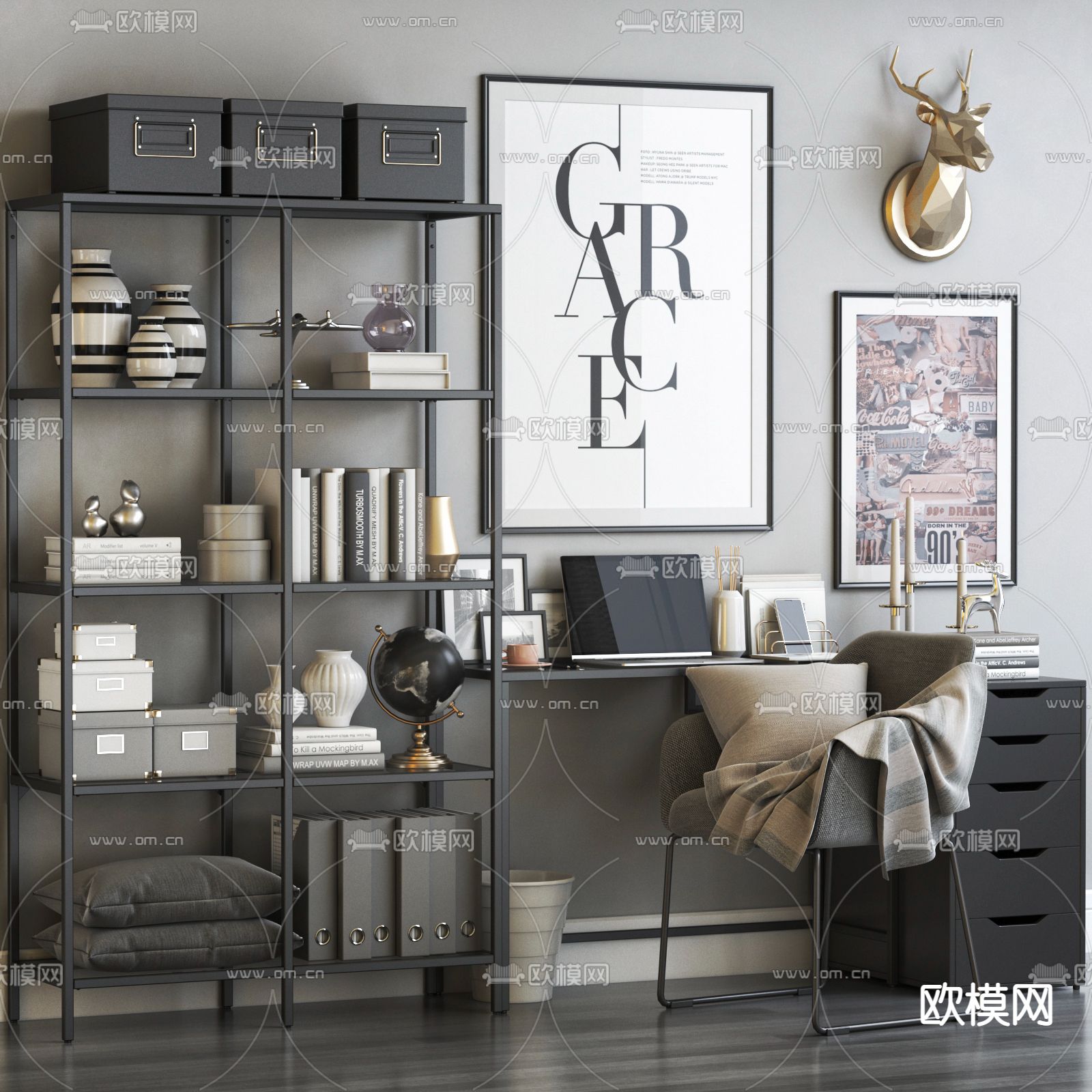 工业风铁艺书桌椅3d模型