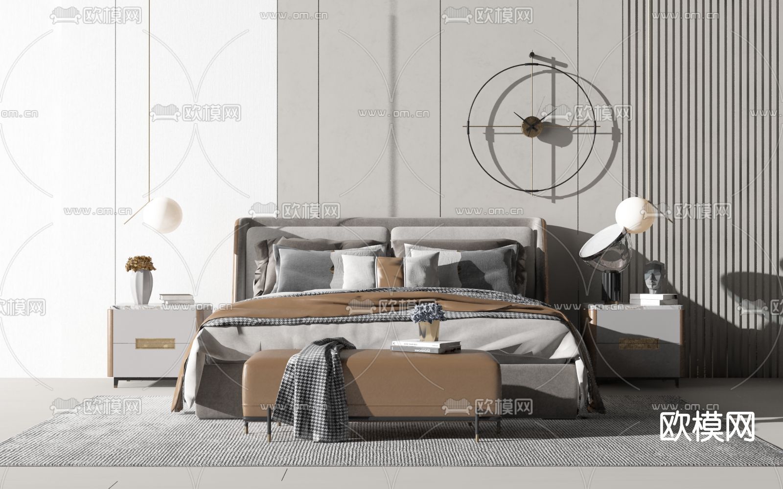 现代布艺双人床su模型下载